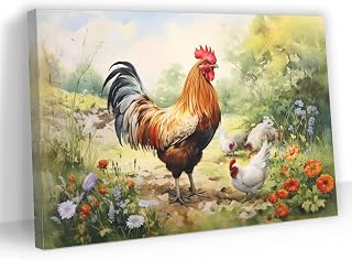 Modern Wall Art 16"X12" Painting Artwork Framed for Living Room Bedroom Bathroom Office Home Decor, Beautiful Rooster And Hens In The Meadow