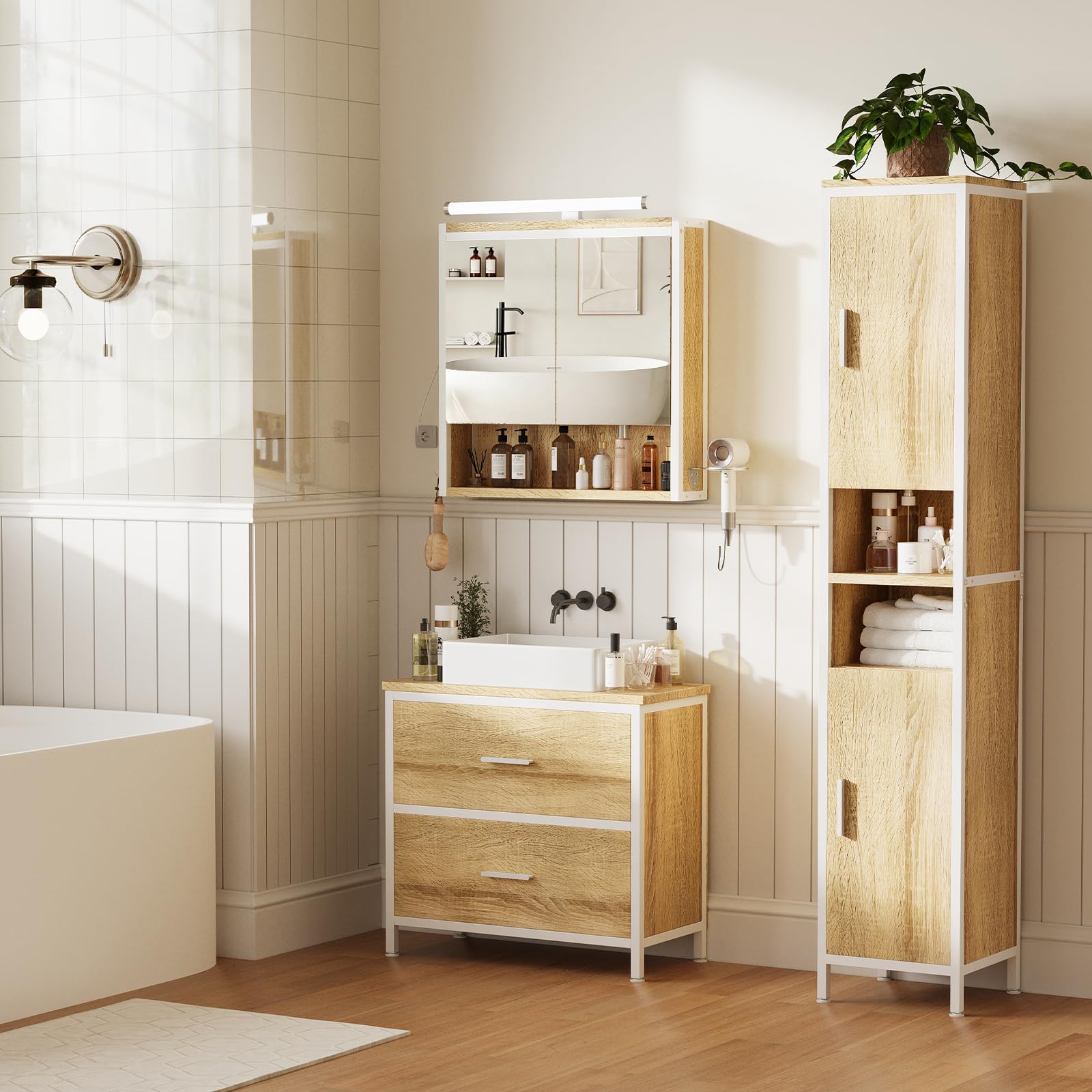 ELUCHANG Badmöbel Set 3,Waschbeckenunterschrank und Spiegelschrank Bad mit Beleuchtung und Hochschrank,Badezimmer Set 60cm,mit Schubladen,Verstellbare Ablage Badezimmermöbel Komplett,Oak+Weiß