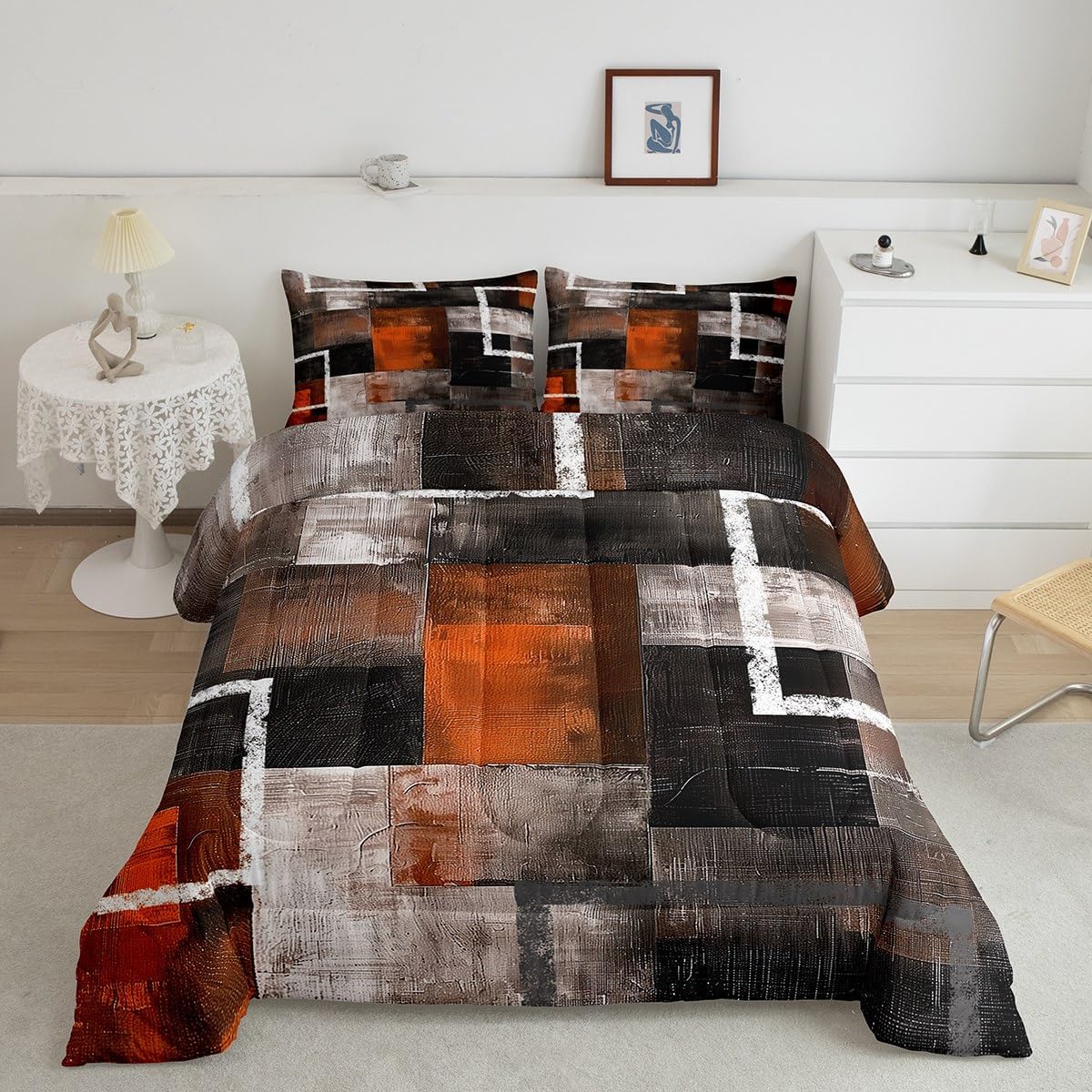 Erosebridal Burnt Orange Comforter Abstract Oil Painting Queen Size Bedding Set Modern Geometric Watercolor Patchwork Comforter Set for Teen Adults,Abstract Graffiti Art Quilt - Image 5