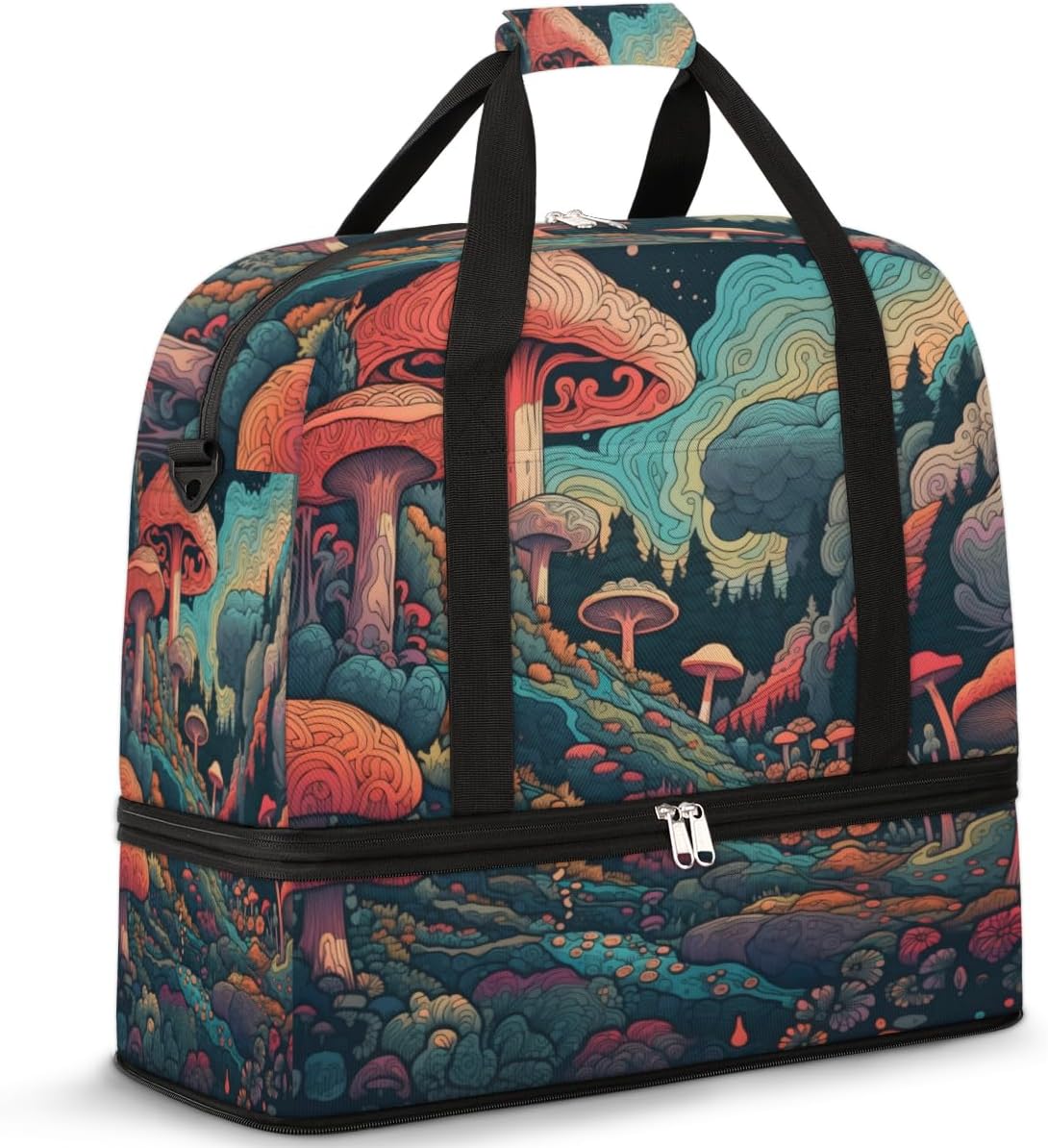 QsirBC Mushroom Plants Texture Gym Bag for Women Duffle Tote with Shoes Compartment Men Weekender Duffel for Dance Travel Sports Swimming Overnight