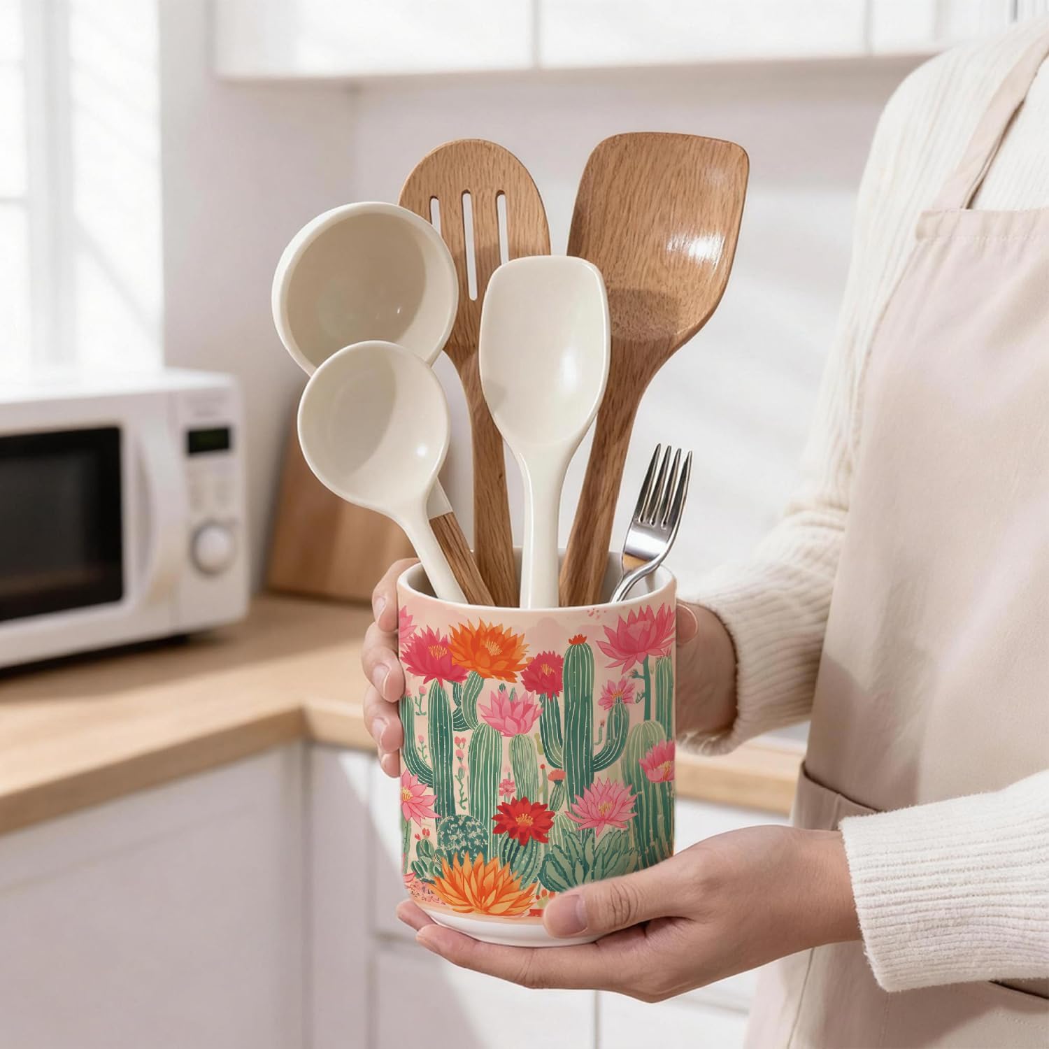 Cactus Mexican Ceramic Utensil Holder for Kitchen Counter, Boho Southwestern Vintage Succulent Cooking Crock 5.4" Decorative Utensil Holder for Countertop, Cactus Kitchen Decor image 4