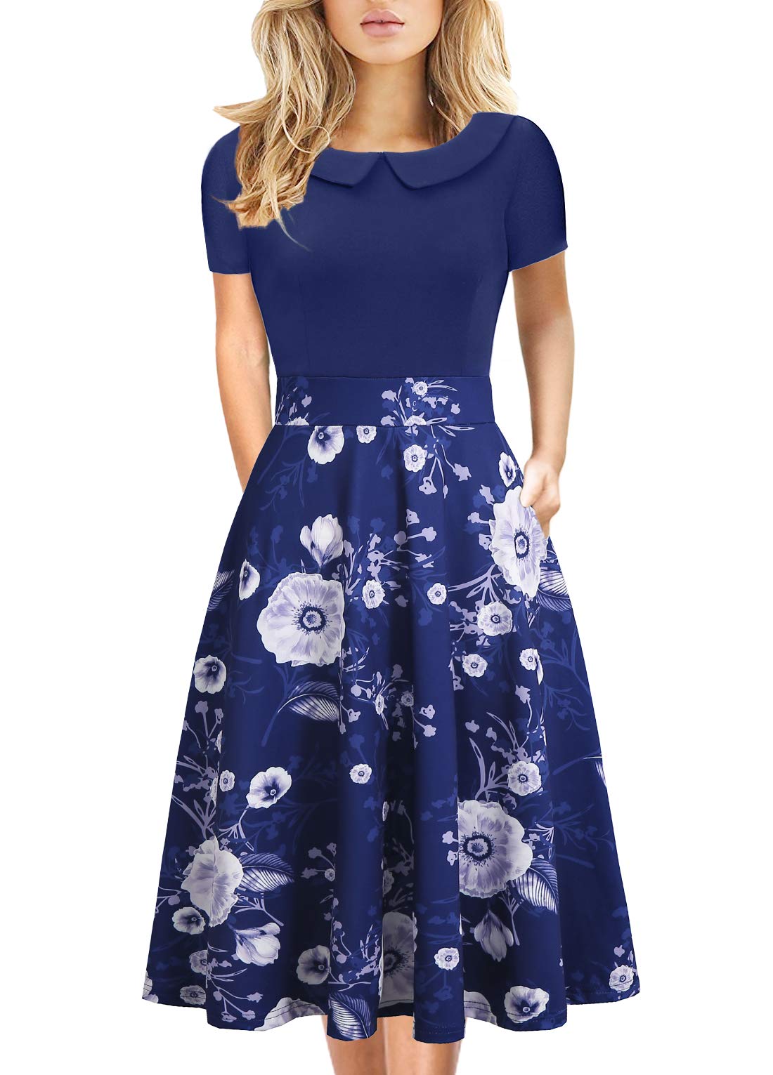 Women's Elegant Vintage Dresses Knee Length Casual Floral Print Work Party Peter Pan Collar A-Line Dress with Pockets 978
