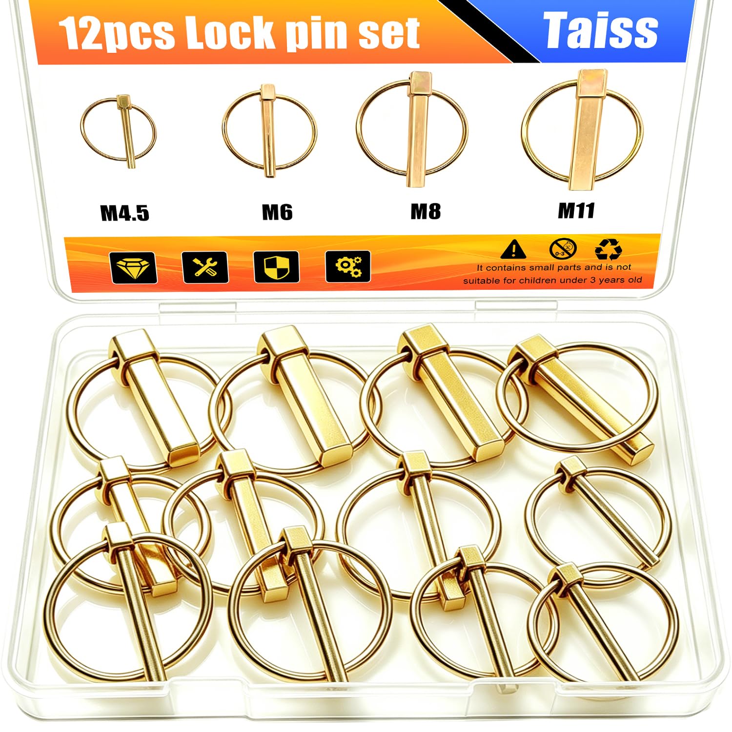 Taiss 12Pcs 4 Sizes M4.5/M6/M8/M11 Lynch Pin Assortment Kit Tractor Pins Linch Pins 3 Point Hitch Pins for Farm Tractors Trailers Trucks Lawn Mowers M-128-12PCS