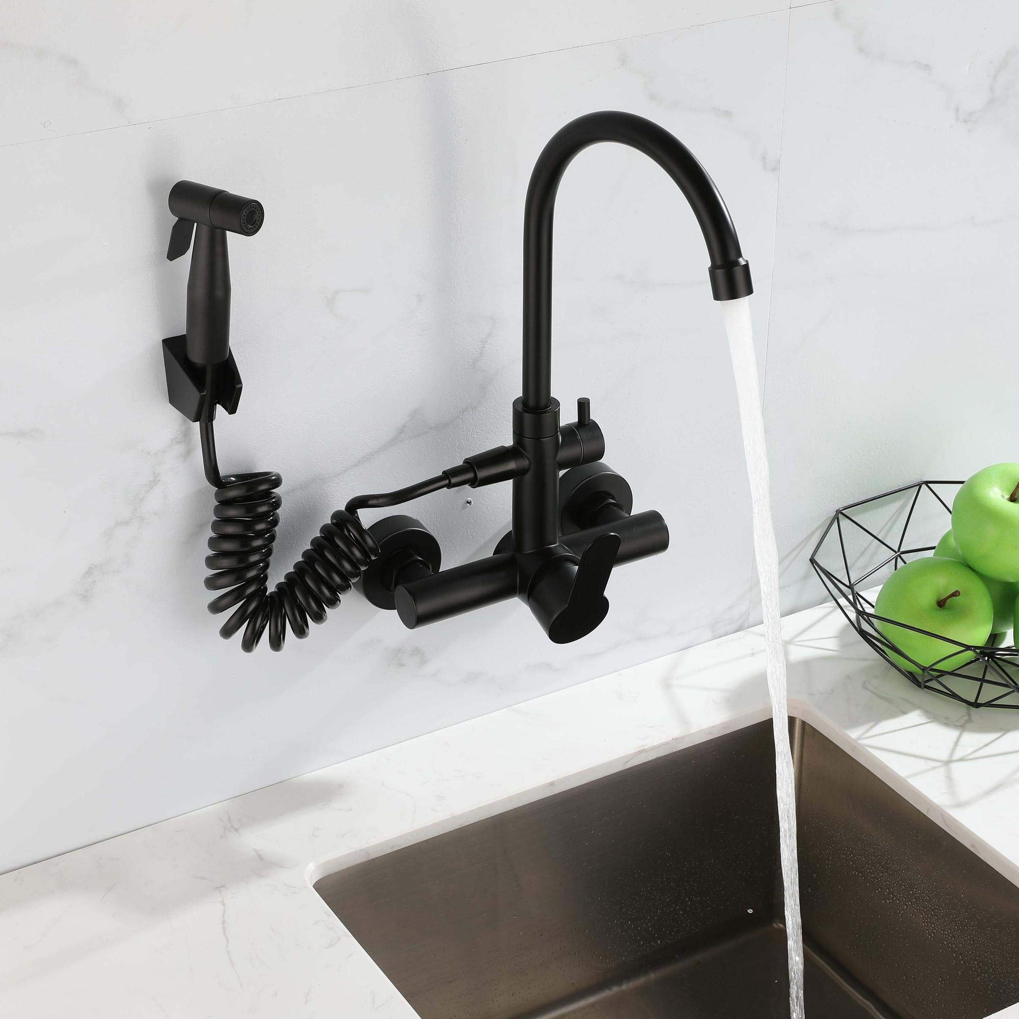 HomeLava Grifo Cocina Pared con Pistola, Grifo de Cocina Negro, Mezclador Cocina de Acero Inoxidable 304 con Caño Alto Giratorio de 360°, Grifo de Agua Fría y Caliente