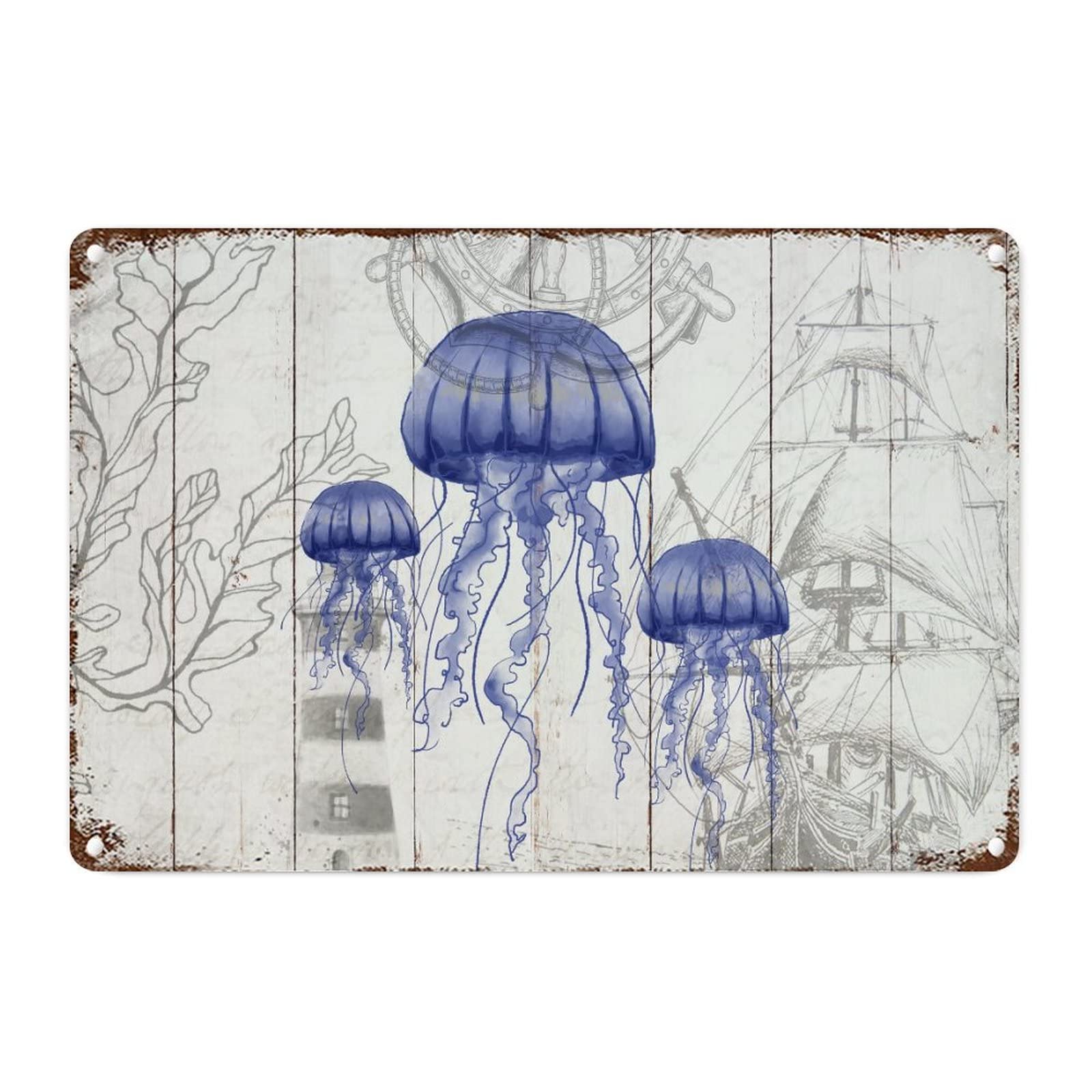 Plaque en métal méduse et océan rétro en étain pour déco murale 30x46 cm
