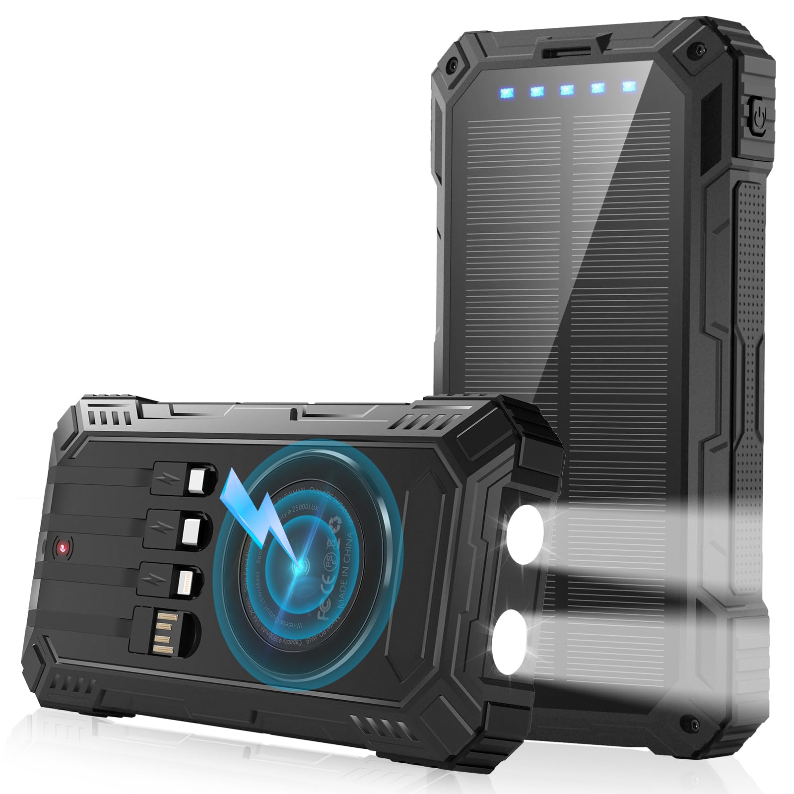 BLASOUL Solar Charger 49800mAh Power Bank - Wireless Portable Phone Charger with 4 Built-in Cable,22.5W Fast Charging External Battery Pack PD 3.0 USB-C in/Output Perfect for Camping,/Hiking