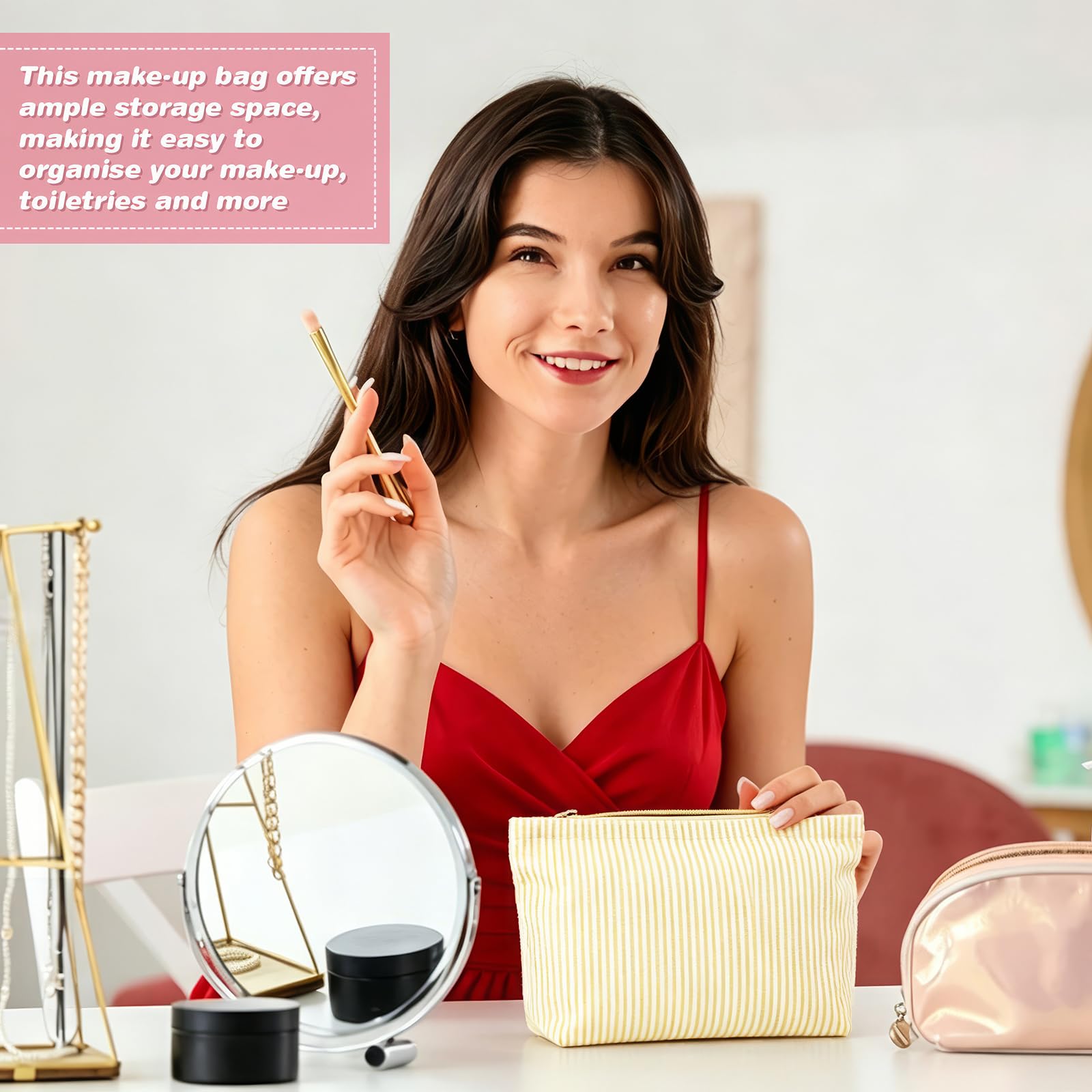 10 bolsas de maquillaje de sirsaca, bolsa de cosméticos de poliéster a rayas de 10 colores, bolsa de almacenamiento ligera para artículos de tocador preparados, bolsa de almacenamiento de