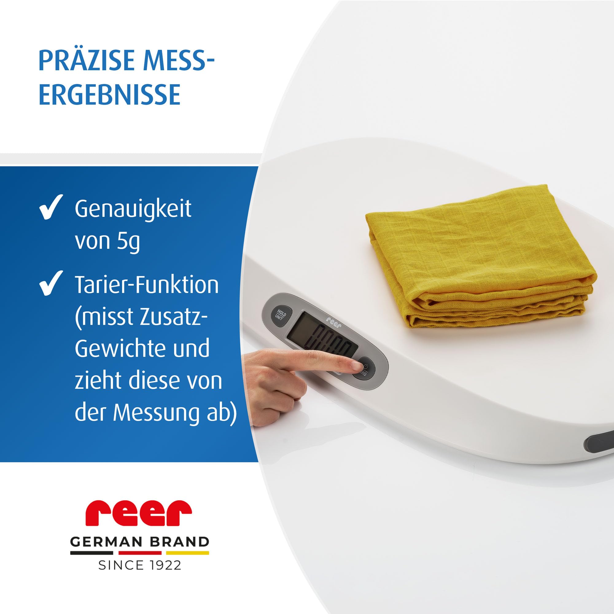 reer BabyCare Babywaage | Ergonomische Wiegeschale für Neugeborene/Babys | 25kg Maximalgewicht | Integriertes Maßband, HOLD- und Tarierfunktion | Beleuchtetes LCD-Display | Präzision von 5g