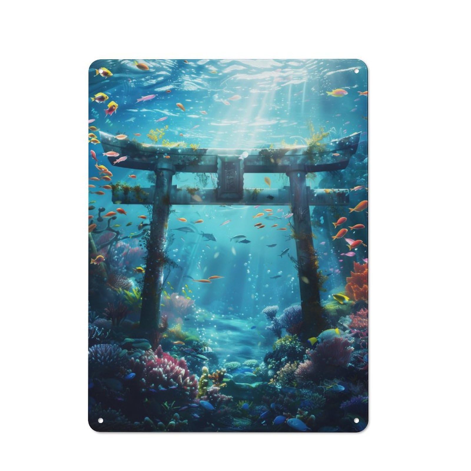 Junmoney Underwater Torii Gate For Lounge Or Reading Corner, Rustic Tin Sign 40X30cm, For An Autumn Update To Lounge And Reading Corner