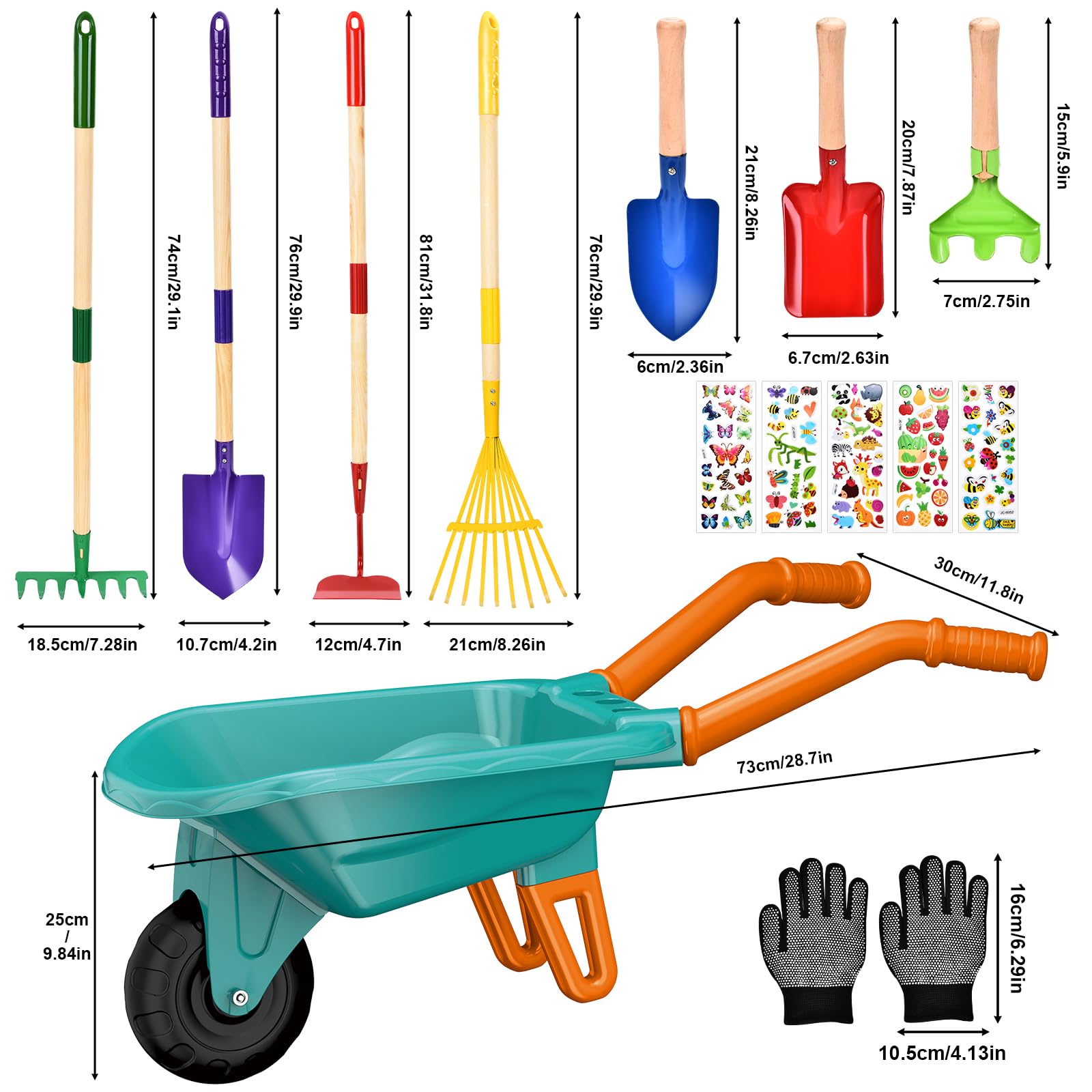 JONRRYIN Carriola per Bambini, Set Giardinaggio Bambini con Guanti, Vanga e Rastrello, Carriola da Giardino per Esterni, Giochi Educativi Bambini (Vert) - 3