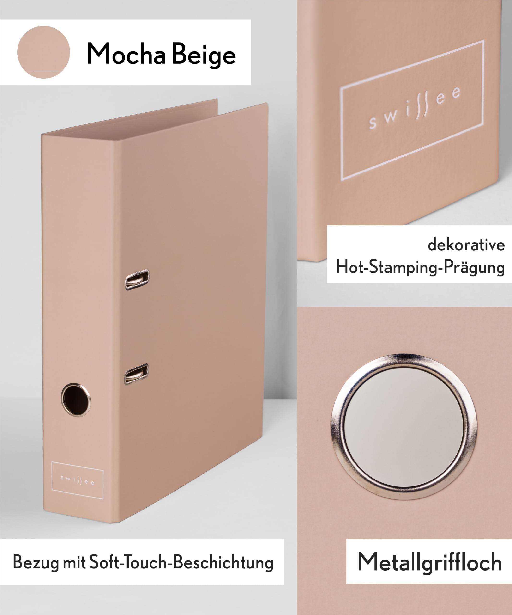 Pastell Swissee A4 Ordner | Soft-Touch-Papier | Breit, Mocha Beige | Samtweiche und umweltfreundliche Papierbeschichtung