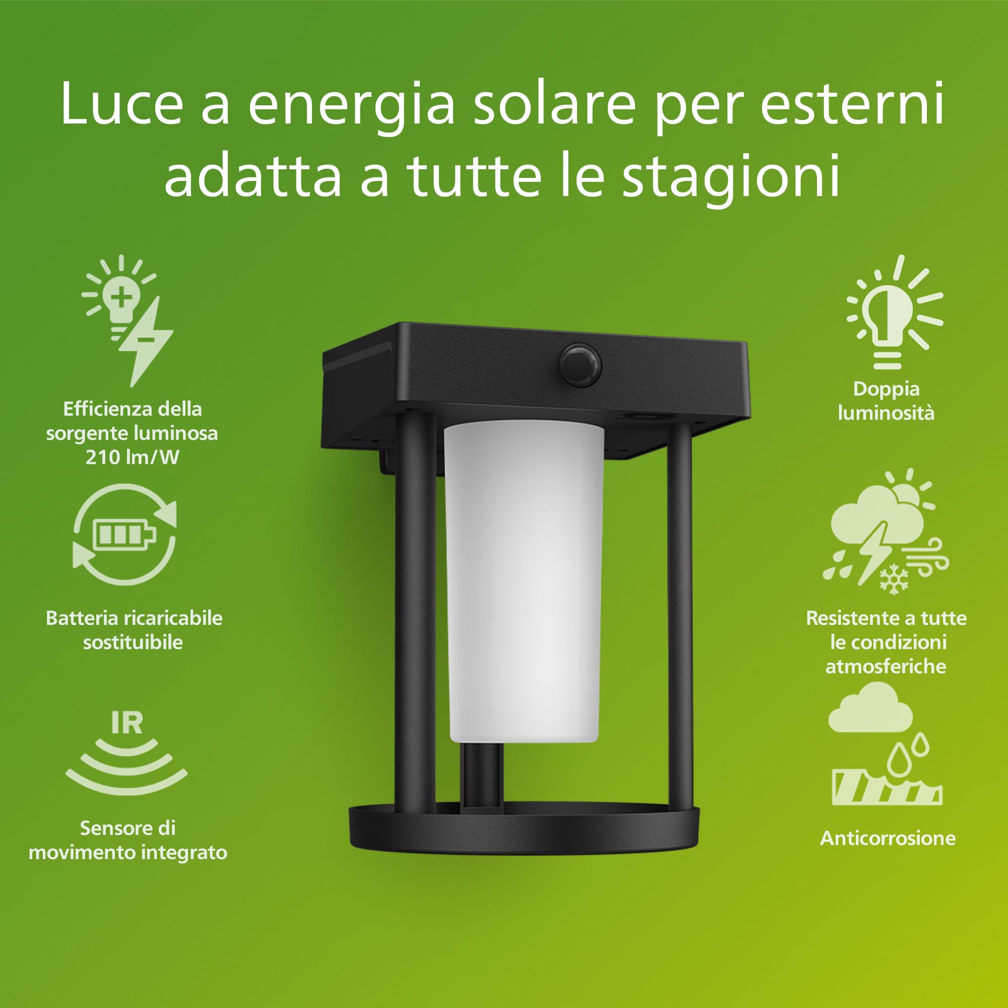 PHILIPS LED Camill Lampada Solare da Parete per Esterni Ultra Efficiente, Smerigliata, Rotondo, Luce Bianca Fredda, 1.4W, Sensore di Movimento, IP44, Nero [Classe di efficienza energetica A]