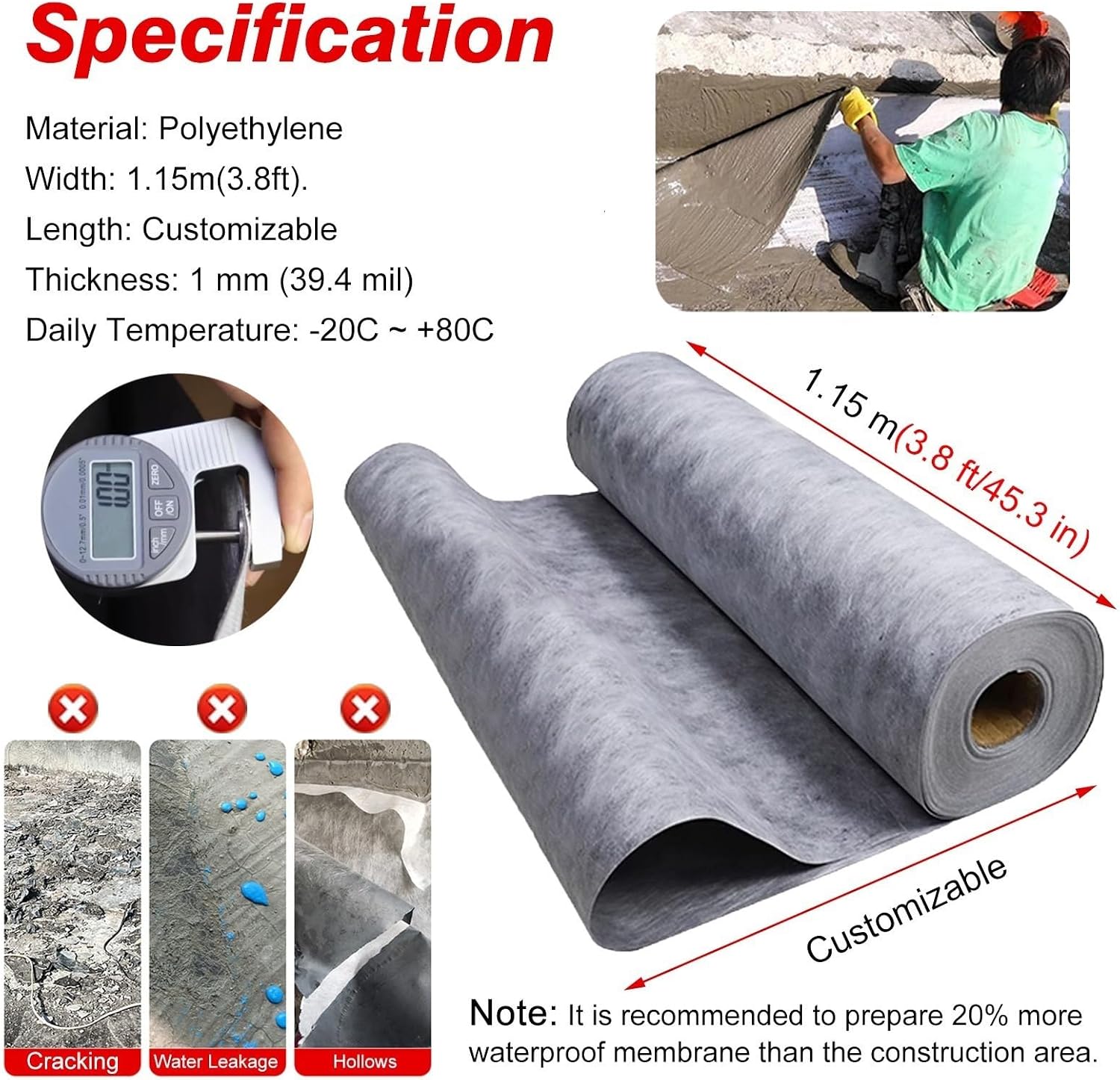Waterproofing Membrane for Bathrooms and Showers, Uncoupling Water Barrier Underlayment for Tile Flooring