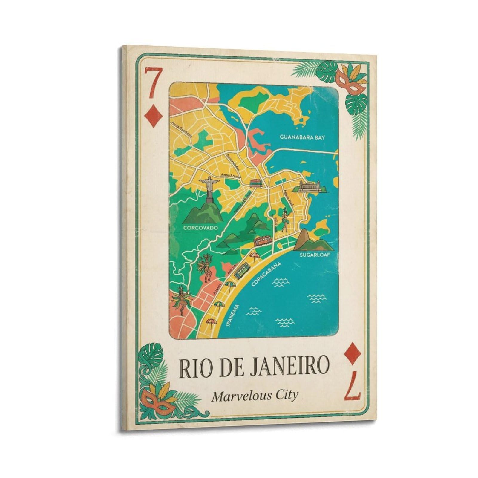 OKNGB Vintage City Map Poster Rio De Janeiro Brazil Bay Playing Card Style Decorative Painting Canvas Art Picture 24x36inch(60x90cm)