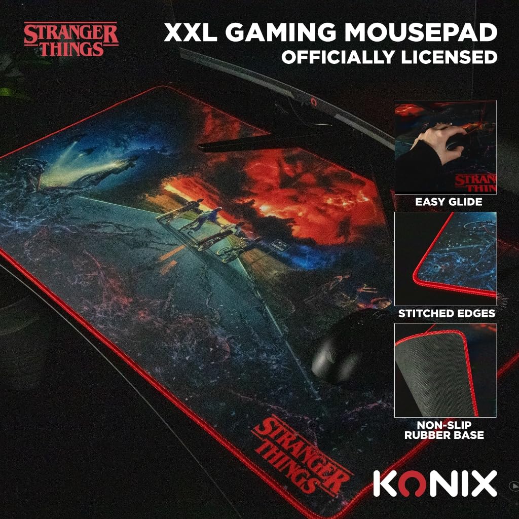 Konix Stranger Things XXL Gaming-Mauspad 90 x 46 cm - rutschfeste Mikrofaser-Oberfläche - Gummi - Mental Geißler-Motiv