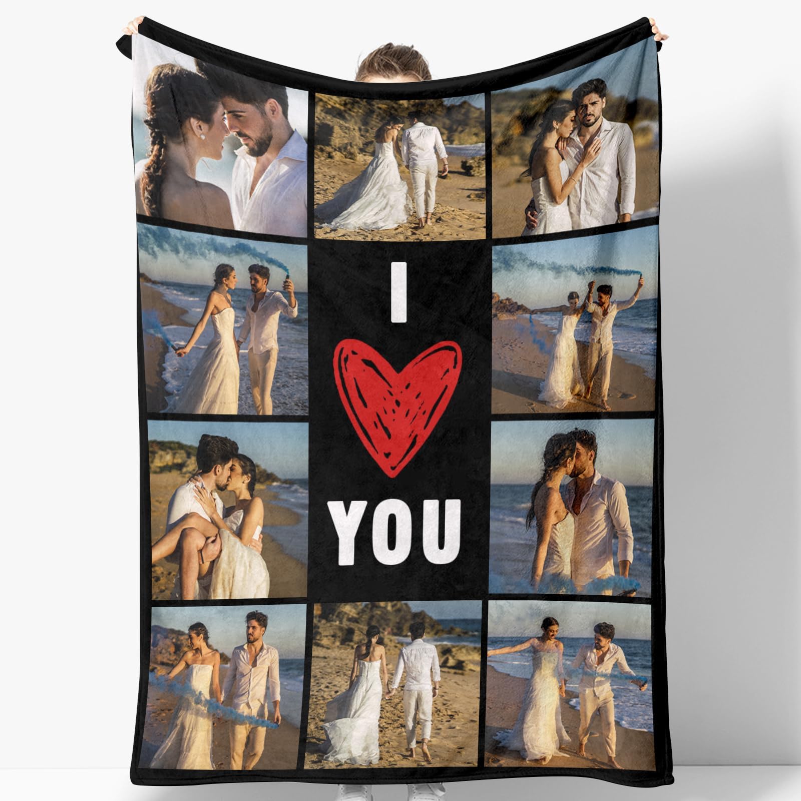 Custom Blanket with Photos Text Customized Blanket Personalized Flannel Throw Blankets for Adult Kid Birthday Christmas Halloween Fathers Mothers Valentines Day Gift-4 Sizes (10 Photos)