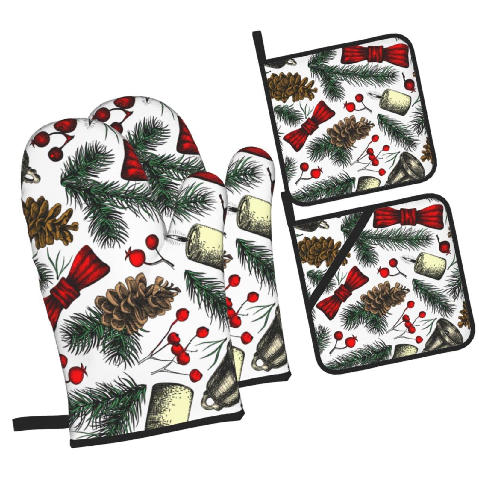 Vector Illustration Sketch Style Oven Mitts and Pot Holders Sets, Christmas Oven Mitt Kitchen Heat Resistant Non-Slip Pot Holders Set for Cooking Baking BBQ