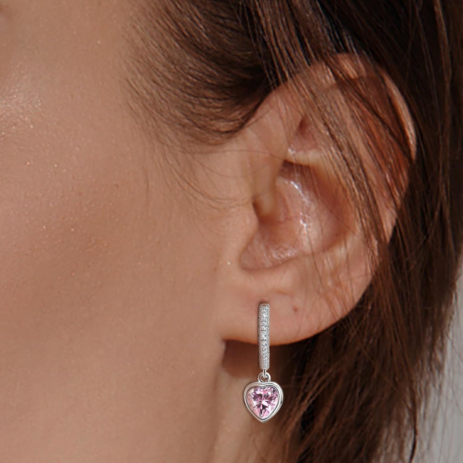 Heart Hoop Earrings with Dangle Sterling Silver Love Heart-Shaped Loop Earrings for Women Hypoallergenic Sparkle Birthstone Cubic Zirconia Hoop Earring with Dangling Charms Dainty Fashion Jewelry Gift - Image 3