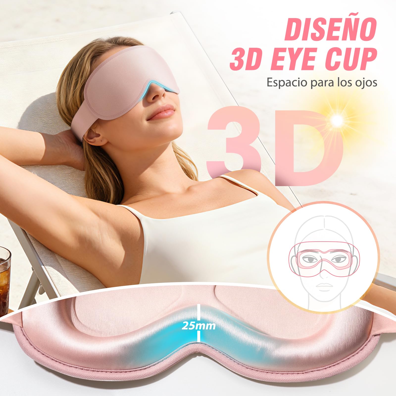 GRIFEMA Antifaz para Dormir 100% Opaco, Máscara de Dormir 3D Sin Presión Ocular, Antifaz Ultrasuave con Correa Ajustable para Dormir de Lado y Viajar, Hombre y Mujer, Rosa