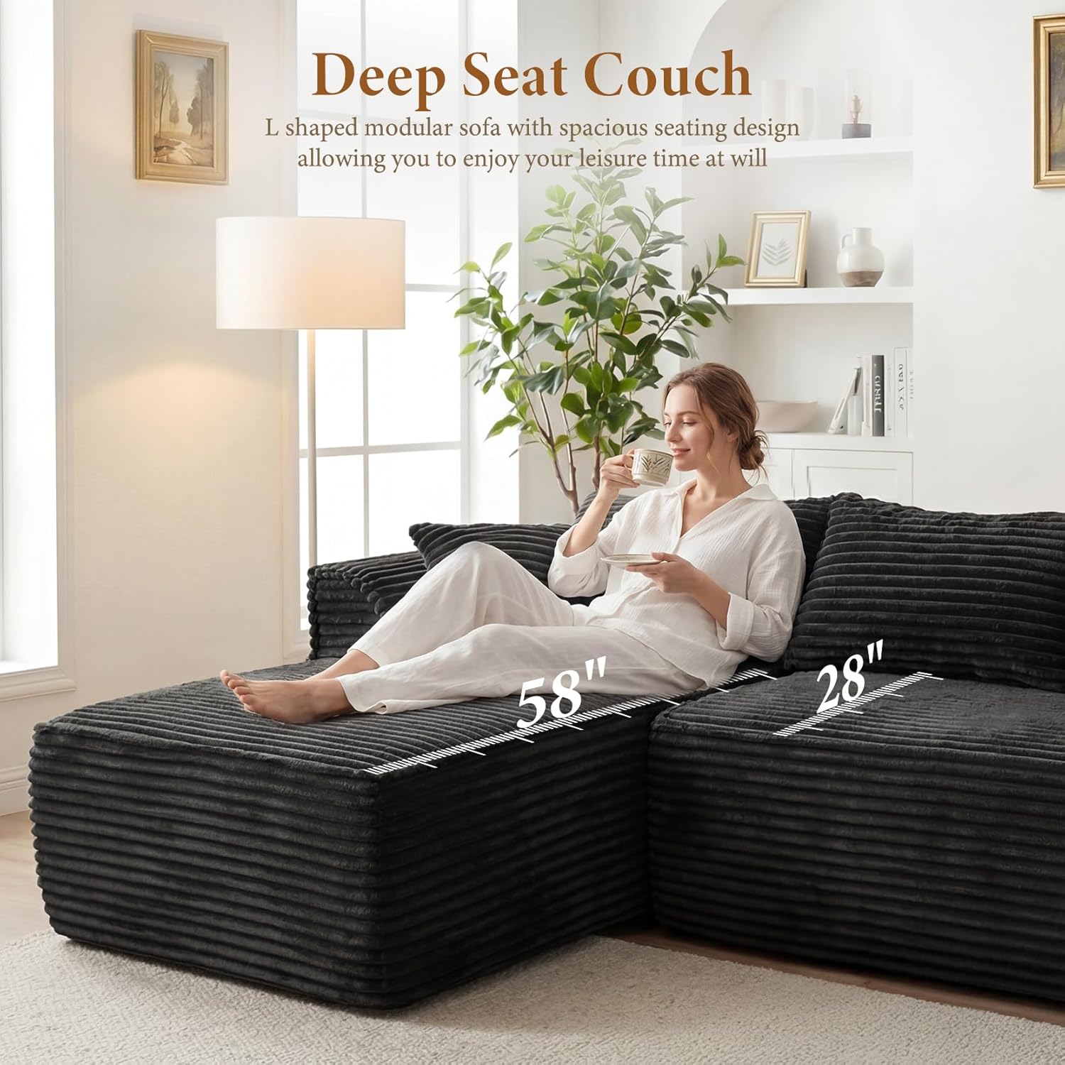 Vesgantti 106" Boneless Couch with Chaise, Deep Seat Comfy Cloud Modular Sofa Corduroy Memory Foam Sectional Couches for Living Room Bedroom, No Assembly Required (Grey, Left-Facing Chaise)