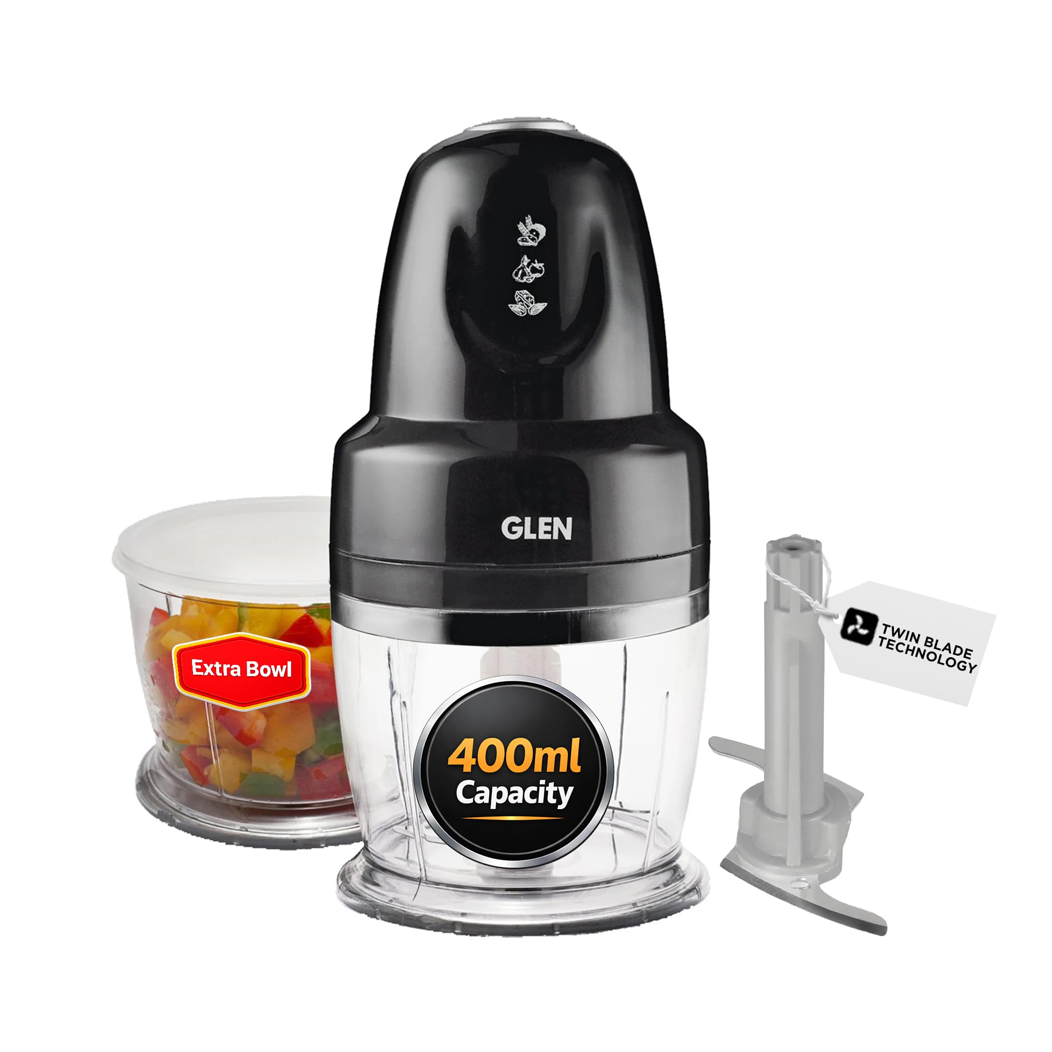 Glen Mini Electric Chopper 250 Watt With Extra Bowl, Vegetable Chopper, Cutter, Whisking Disc Chops Nuts, 400ml, (SA4043PLUSBLK)-picture-22