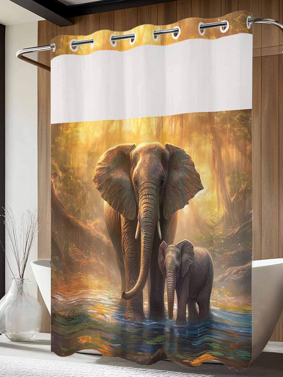 Elephant No Hook Shower Curtain with Snap in Liner, Animal Forest River Yellow Oil Painting Waterproof Shower Curtain for Bathroom with Top Sheer Window, 48x72 Inch