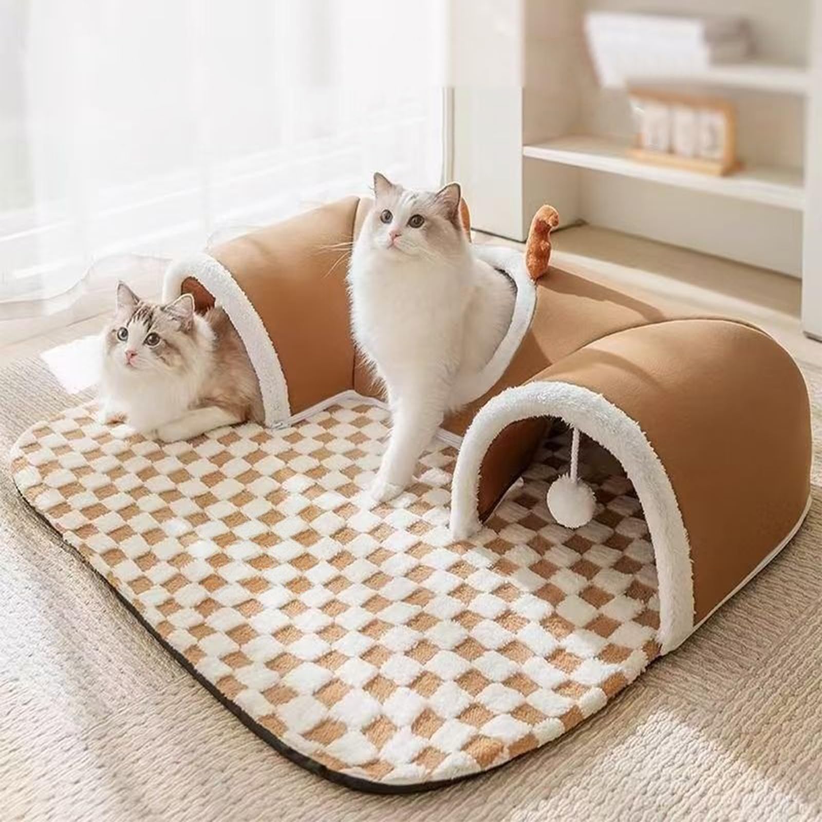 PlüSchiges 2-In-1-Katzentunnel-Bett – Faltbarer,Langer PlüSch-Spieltunnel Mit Abnehmbarem Bett FüR Wohnungskatzen,KäTzchen & Kleintiere (B,Groß: 85 cm × 70 cm)
