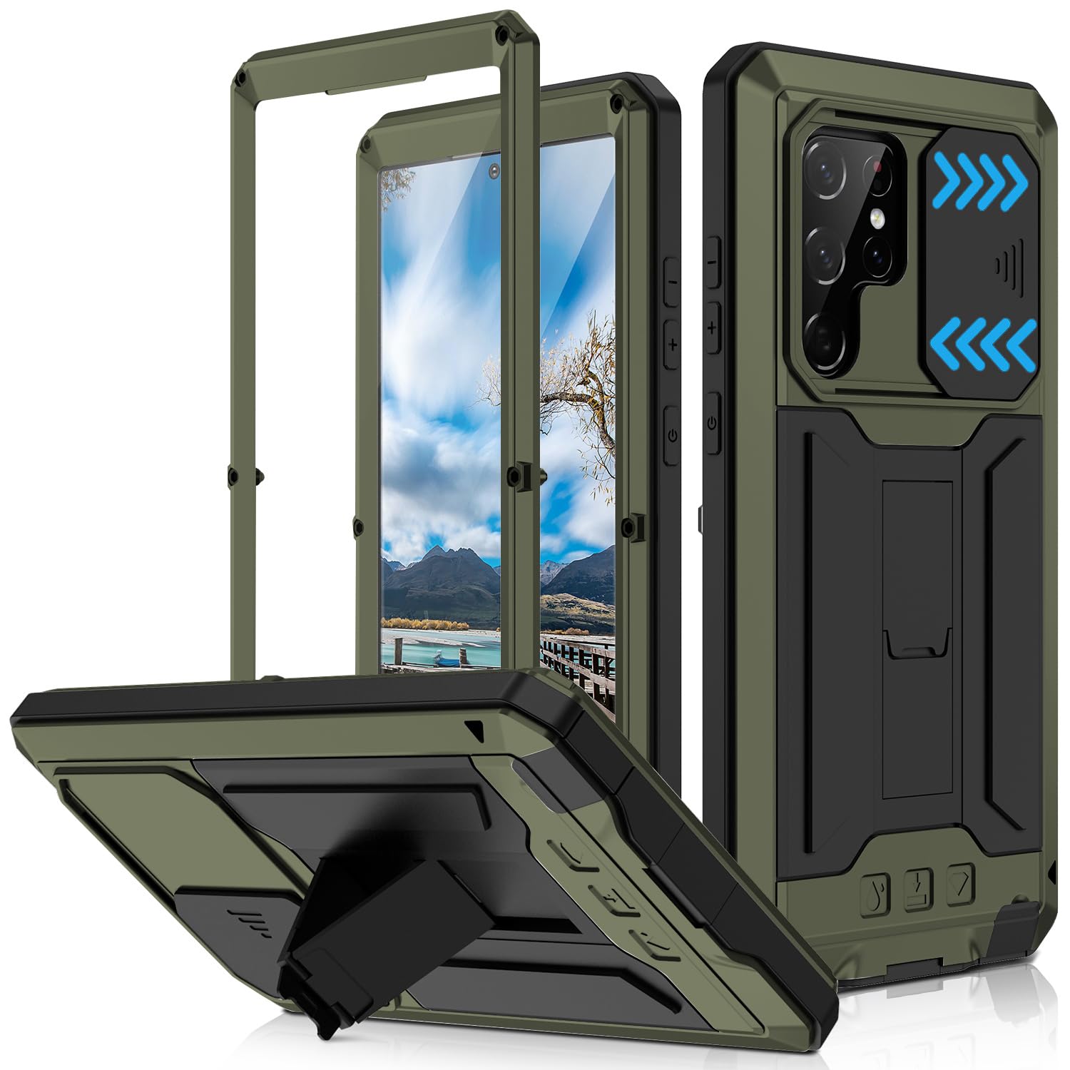 Compatible for Samsung Galaxy S22 Ultra Metal Case,Heavy Duty Dust Proof Military Grade Rugged Case with Sliding Camera Cover and Built-in Foldable
