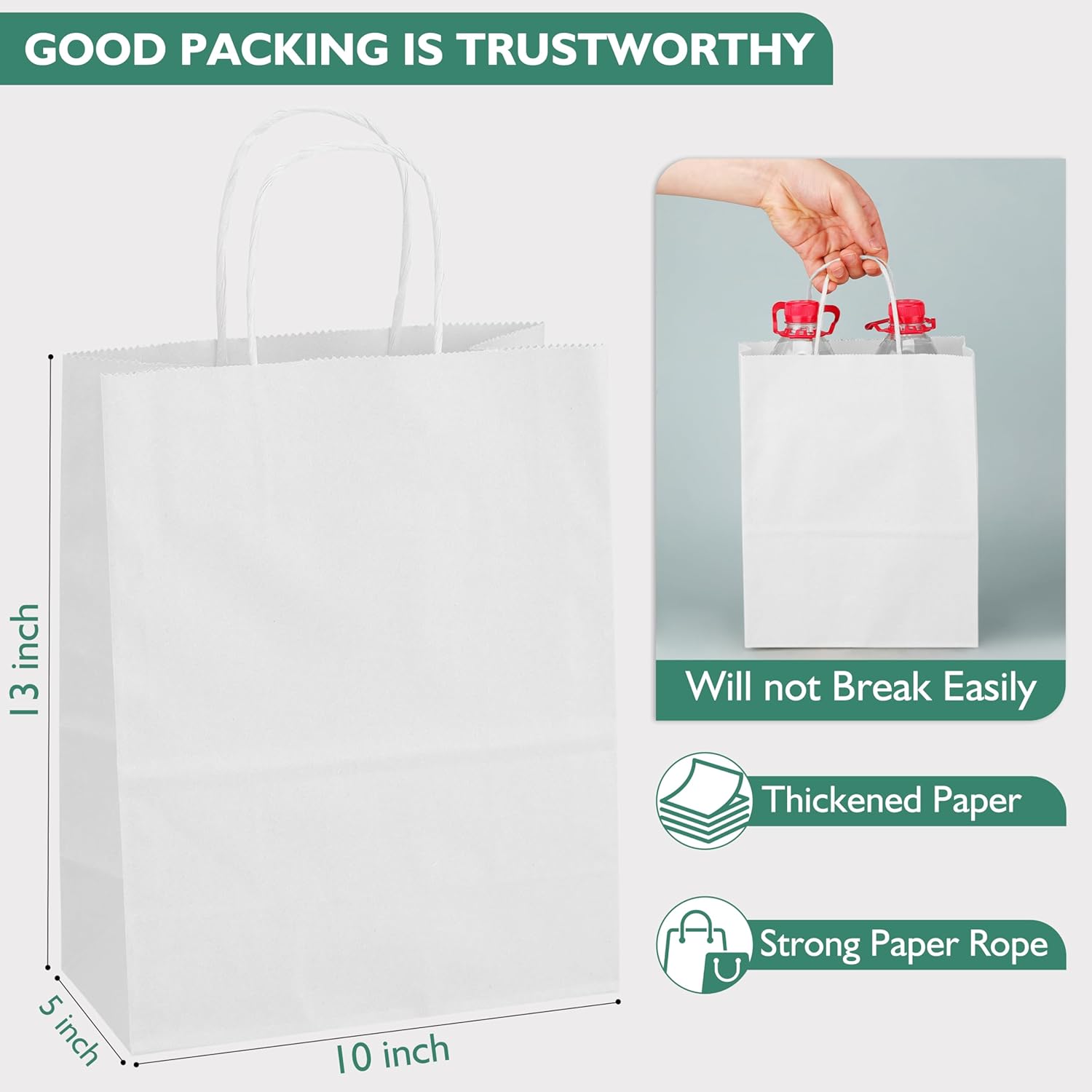 Tlpmsk 100 Pack White Paper Bags with Handles,10x5x13 Inch Large Gift Bags,Bulk Shopping Bags for Retail,Party Favors,Valentine's Day,Mother's Day and Weddings