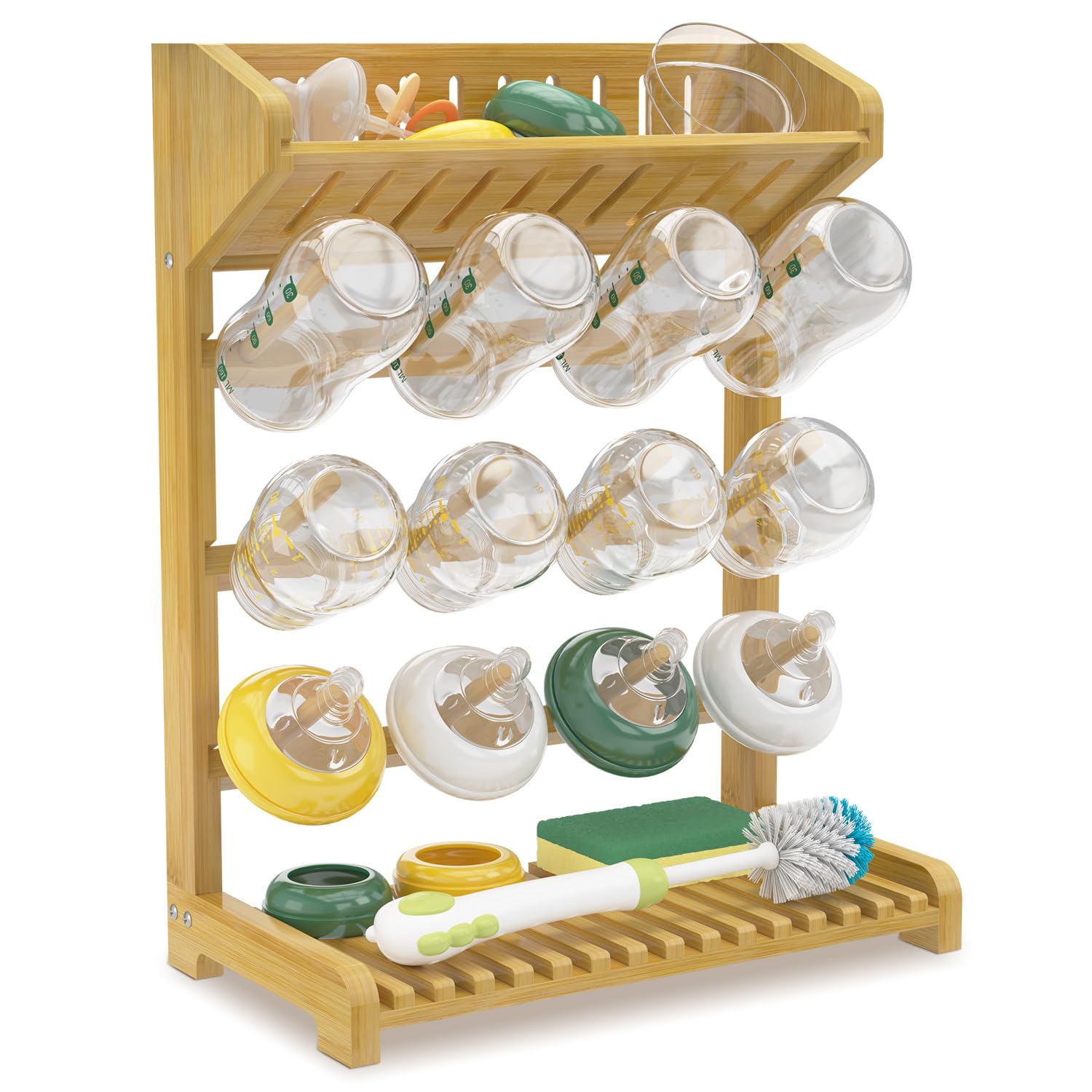 EsLuker.ly Baby Bottle Drying Rack Bamboo Vertical Dryer Holder, Space Saving for 12 Milk Glass Bottle Countertop, Wooden Drain Stand Shelf for New Parents