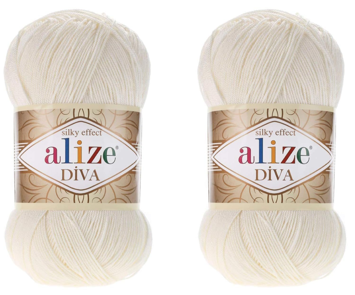 Alize Diva Yarn Hand Knitting Yarn 100% Microfiber Acrylic Yarn Alize Diva Silk Effect Thread Crochet Art Lace Craft Lot of 2 skeins 200gr 767 yds (62-Light Cream)