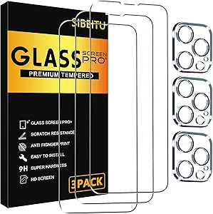 SIBEITU 3 Pack for iPhone 15 Pro Screen Protector with 3 Pack Camera Lens Cover Protector Accessories, 6.1 Inch HD Clear 9H Hardness Tempered Glass Film, Case Friendly & Scratch Resistent