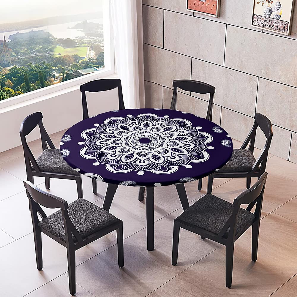 Treers Rotonda Tovaglia in Poliestere con Bordo Elastico, 3D Mandala Copritavolo