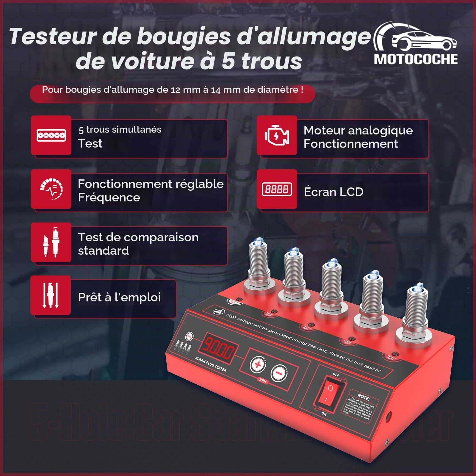 Testeur de bougies d'allumage 220V - Testeur d'allumage à 5 trous avec écran LCD pour véhicules à essence 12V, fréquence réglable de 0-9000 tr/min, outil de diagnostic pour bougies d'allumage 12~14mm