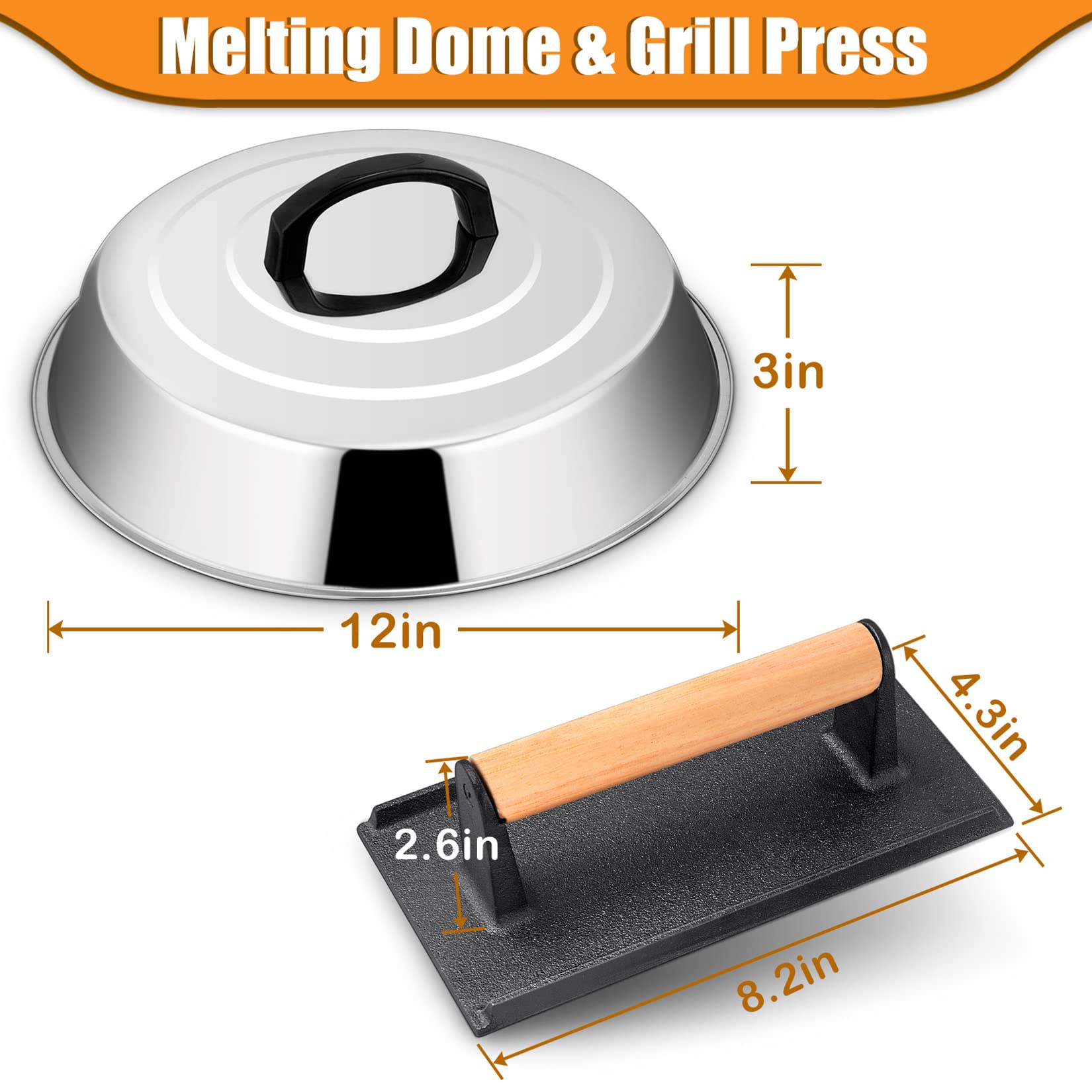 Joyfair 12 Inch Melting Dome & Burger Press Kit, Basting Cover with Cast Iron Grill Press for Melting Cheese/Grilling Patty, Outdoor Flat Top Teppanyaki, Professional Tools & Heavy Duty (Rectangular)