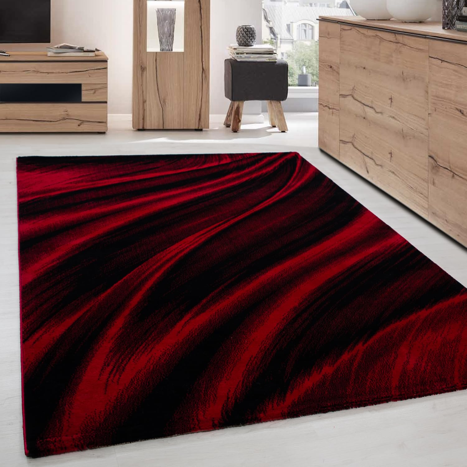 Carpettex Teppich Tapis de salon, à poils courts, 160 x 230 cm, moderne, abstrait, design de vagues, rouge, extra doux, moelleux, lavable, pour cuisine, salle à manger, chambre d'enfant, salon
