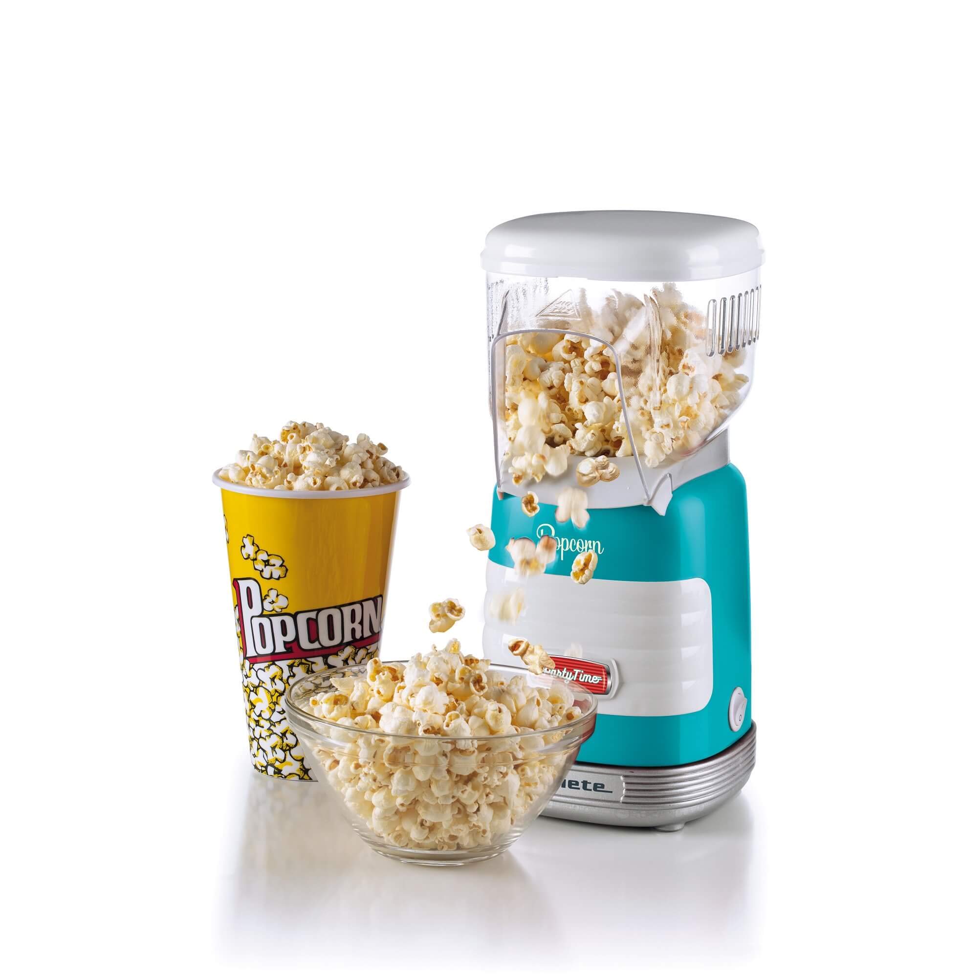 Ariete 2956/01 Máquina de Palomitas Party Time Popper, 1000 W, Compacta, Cocción con Aire Caliente, sin Grasas ni Condimientos, Azul Blanco
