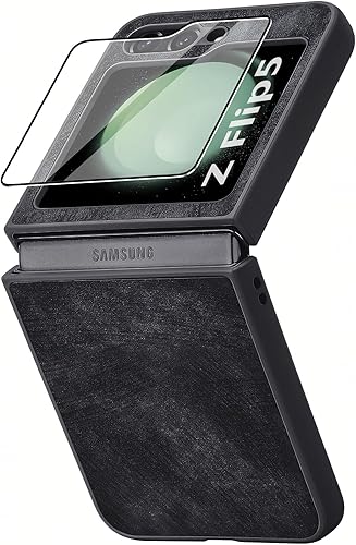 LINYUNE Funda para Samsung Galaxy Z Flip 5 con protector de pantalla integrado, cuero vegano retro, ultrafino, duradero, funda protectora para