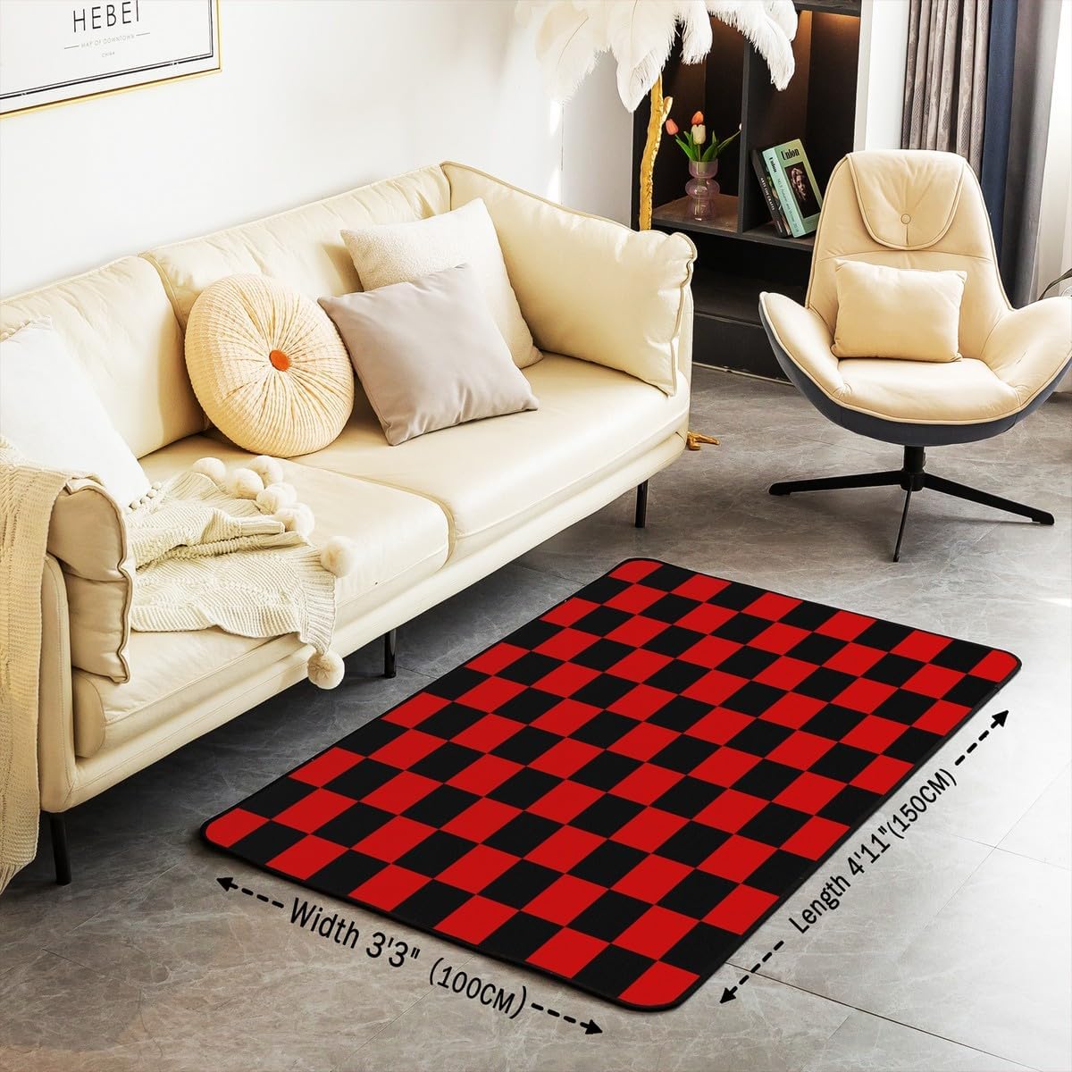Checkered Decorative Carpet Teen Women Men Red Black Plaid Area Rug 5x7 Kids Boys Girls Cute Retro Neutral Checkerboard Geometric Living Room Rugs for Bedroom Vintage Aesthetic Room Decor