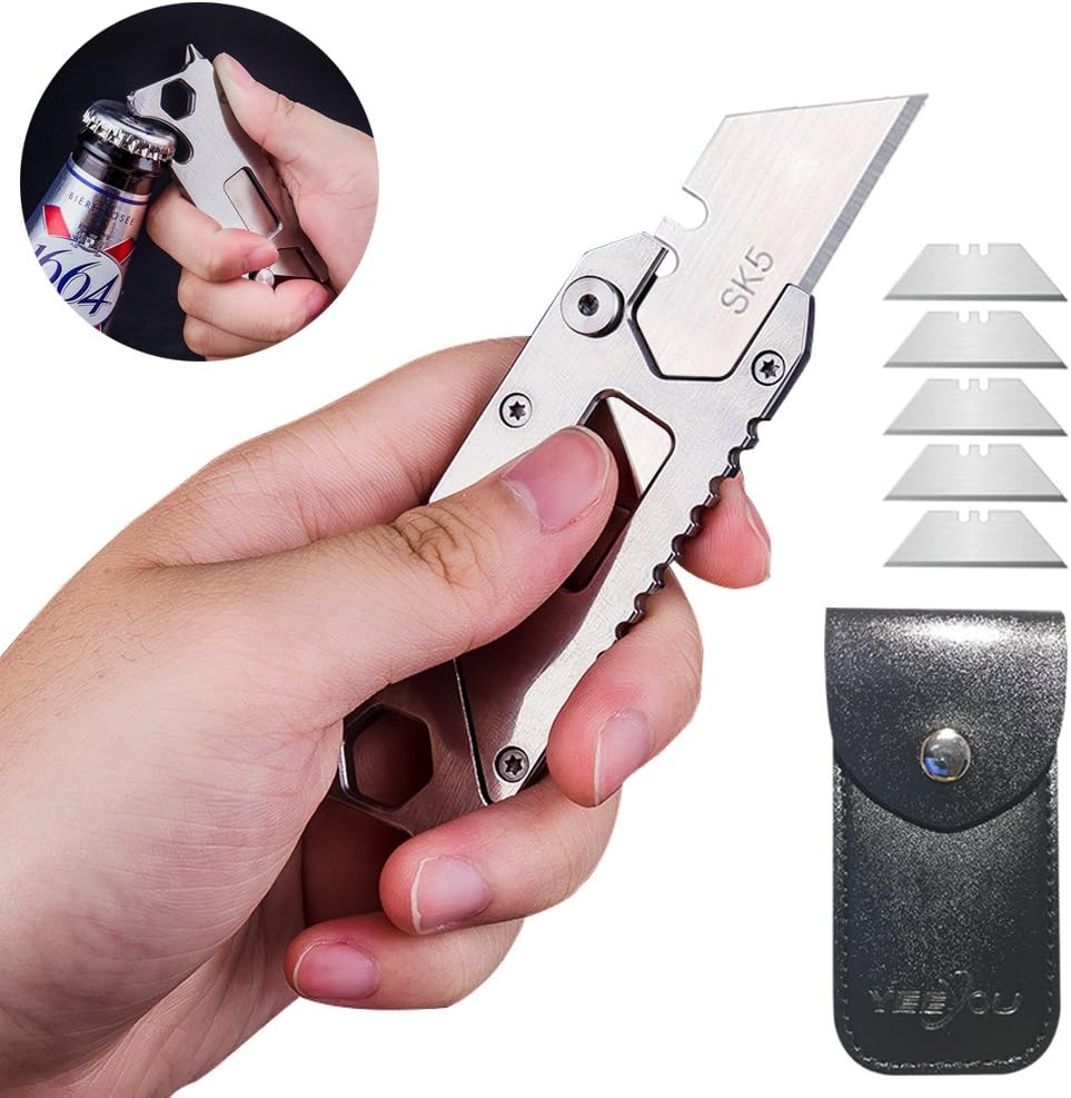 Pocket Knife Utility Knife Set 6-in-1 Box Cutter/Bottle Opener/Screwdriver, Silver