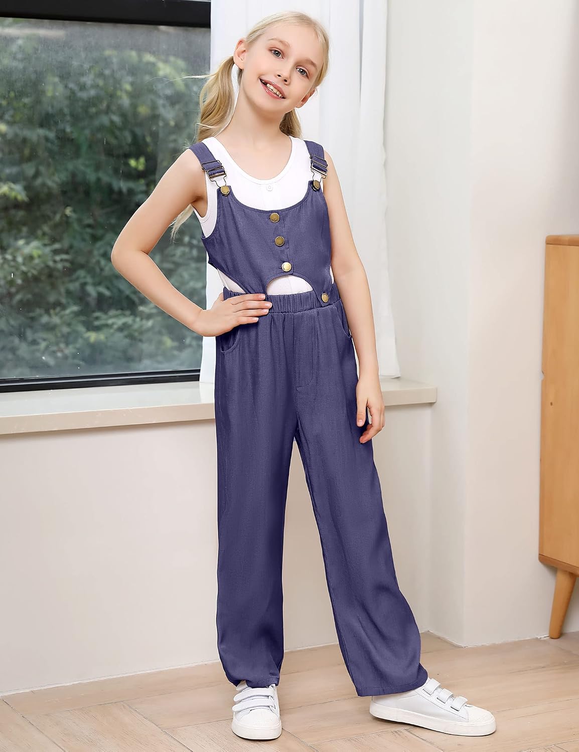 Girls Bib Overalls Kids Jumpsuits & Rompers Long Pants with Adjustable Straps Solid Outfit 3-12 Y
