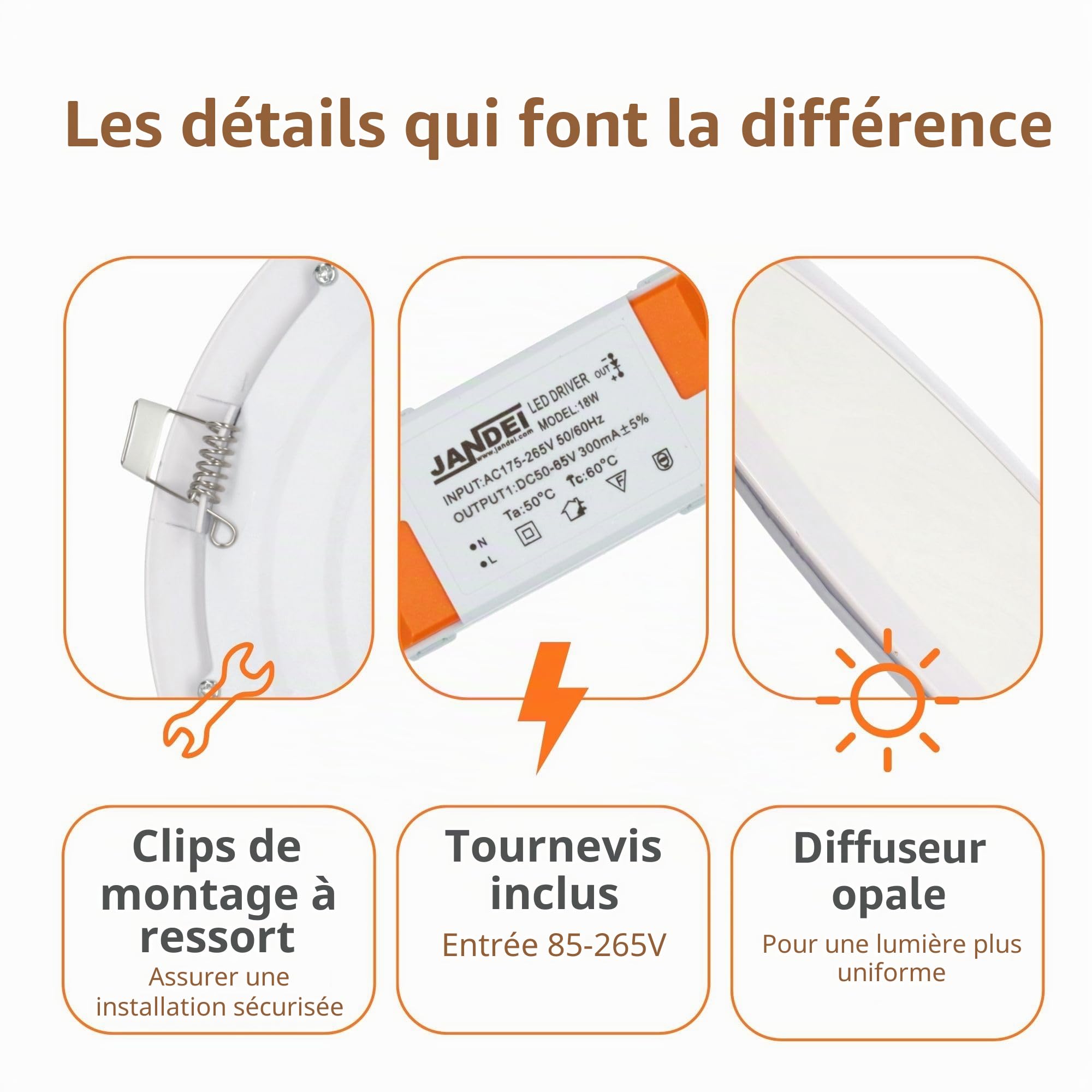 LED SPOT encastrer rond 18W 3000K/4200K/6000K blanc Ø224x13 220V 1440lm lot de 5