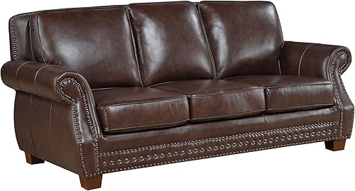 Miniatura 7 de Lexicon Sofá de 86 pulgadas de ancho, cómodo sofá de cuero de grano superior con ribete de cabeza de clavos, brazos enrollados, patas de madera