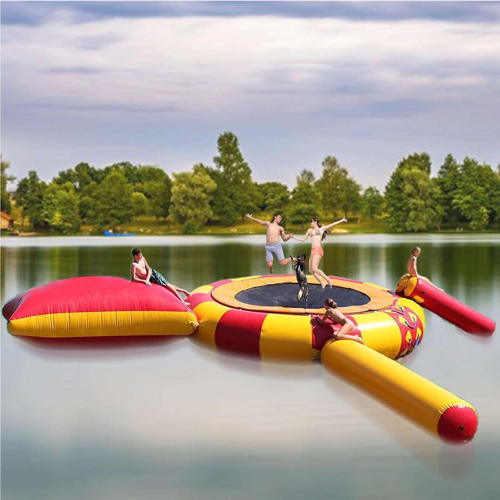 Inflatable Water Trampoline, Lake Trampoline, 10Ft/13Ft/16Ft Trampoline Floating Platform, Trampoline Jumping Platform Water Trampoline with Slide and Diving Pillow Bag