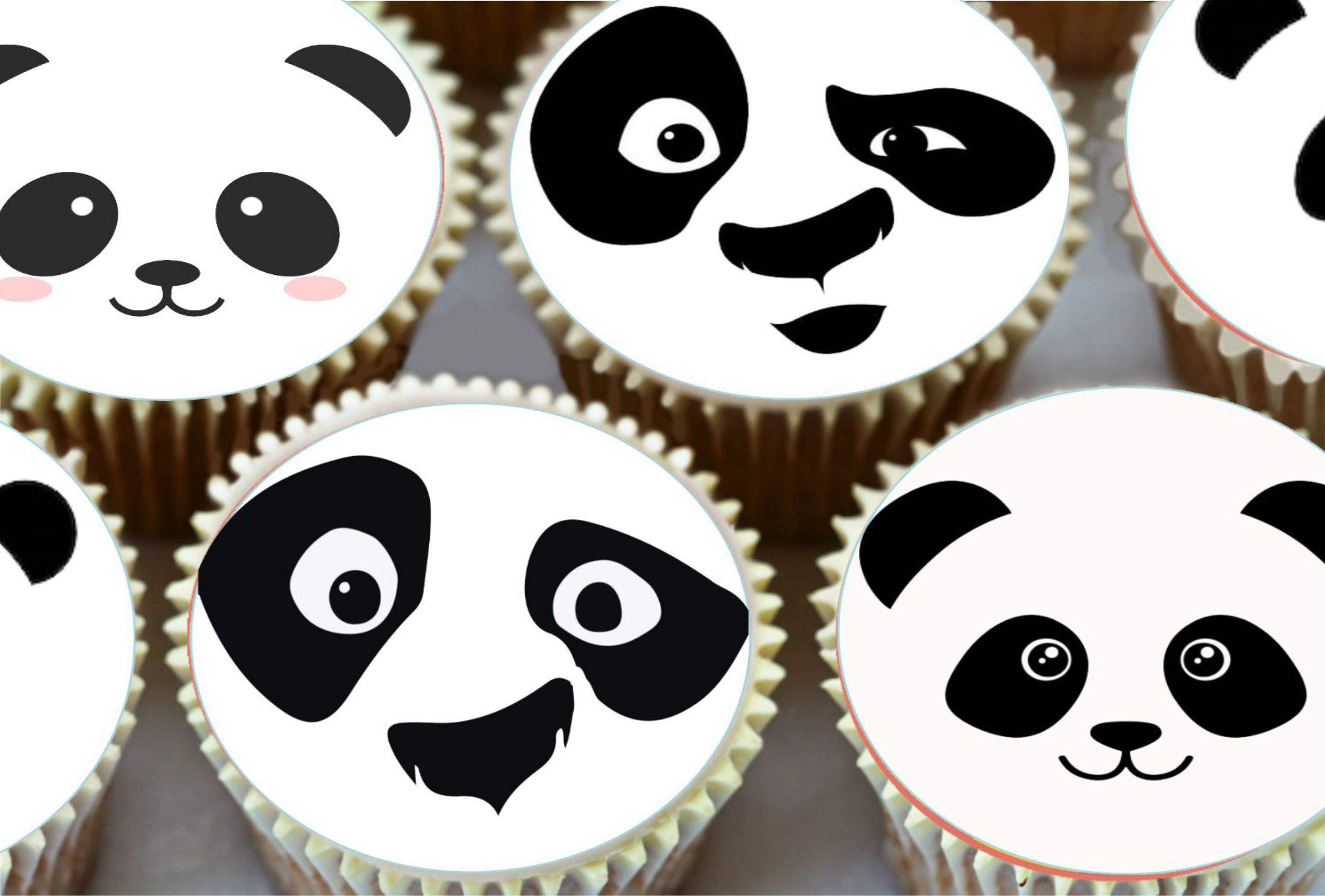 HARBETH 24 Panda Faces Round Edible Cake Toppers, Black & Yellow, 3.8cm, Birthday