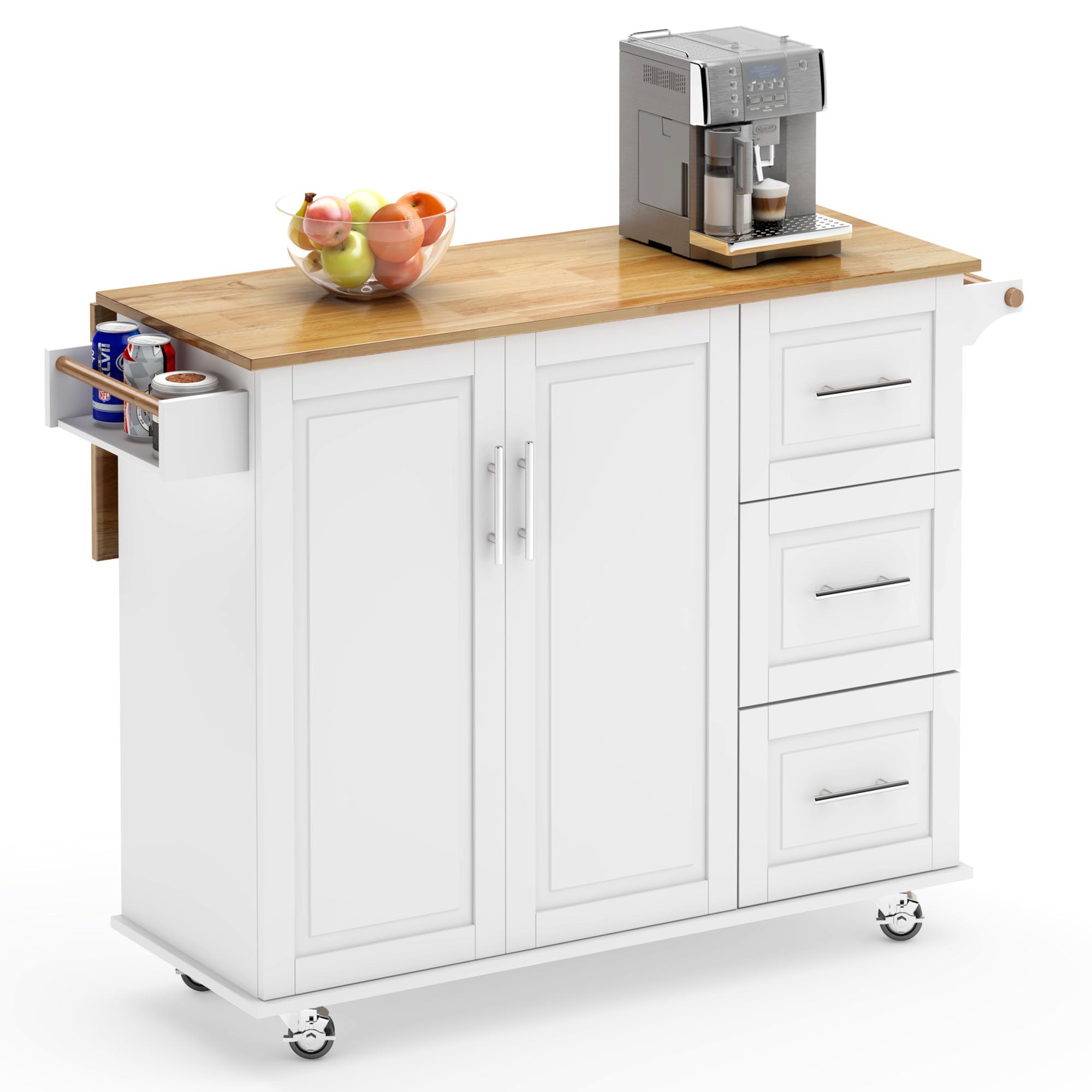 soges Mobile Kitchen Island with Storage and Drop Leaf on Wheels, Rolling Kitchen Island Table Cart with 3 Drawers and Large Storage Cabinets,