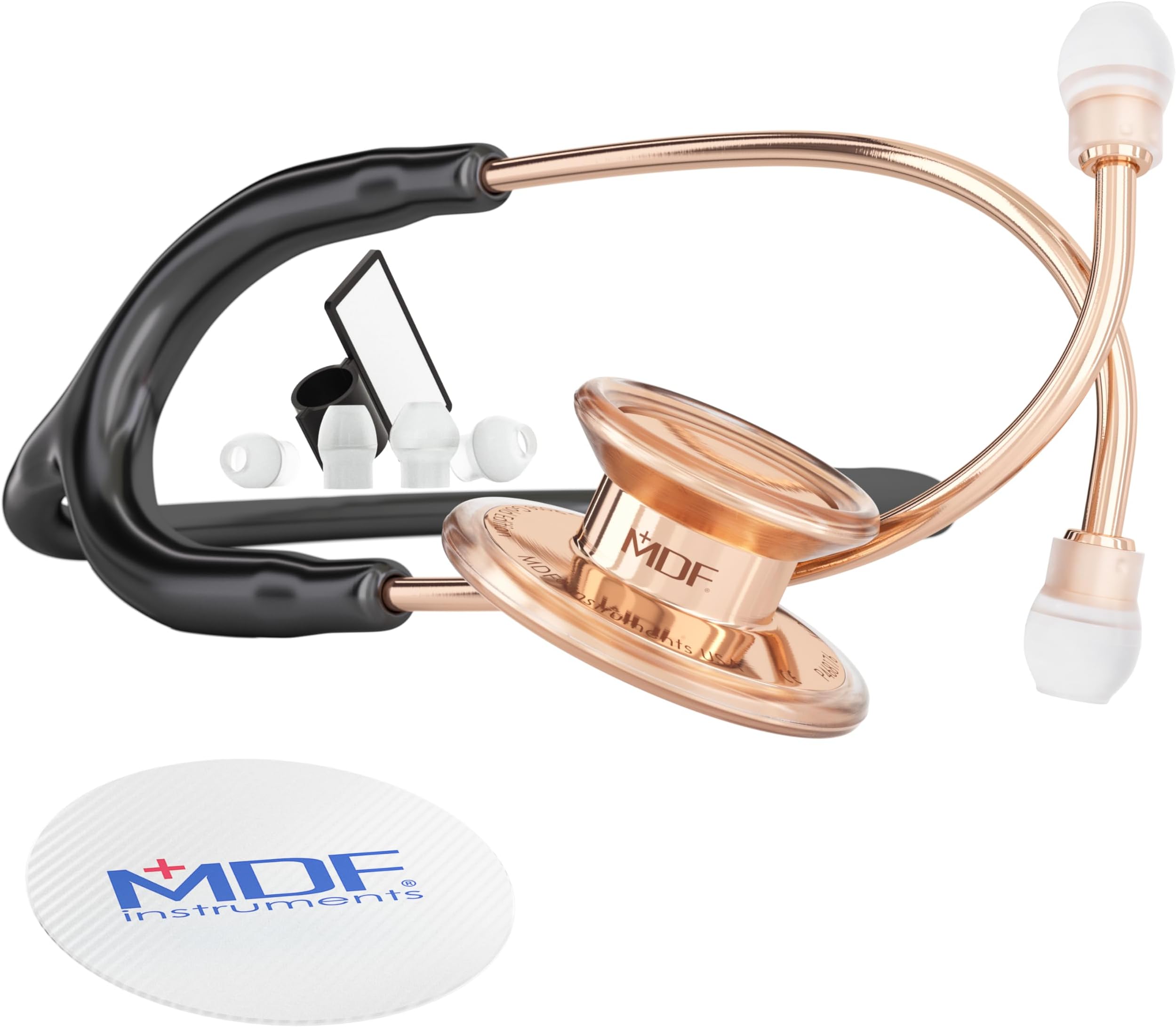 MDF Instruments, MD One Stainless Steel Premium Dual Head Stethoscopee, Adult, Black Tube, Rose Gold Edition Chestpieces-Headset, MDF777RG11