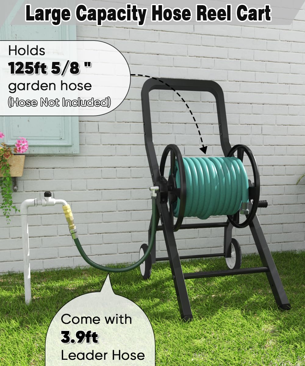 Garden Hose Reel Cart with Wheels, Outdoor Heavy Duty Powder-coated Steel Water Storage Winder Holder, Holds 125 ft of 5/8’’ Hose with 3.9 Ft Leader Hose for Outside Lawn Yard, Black