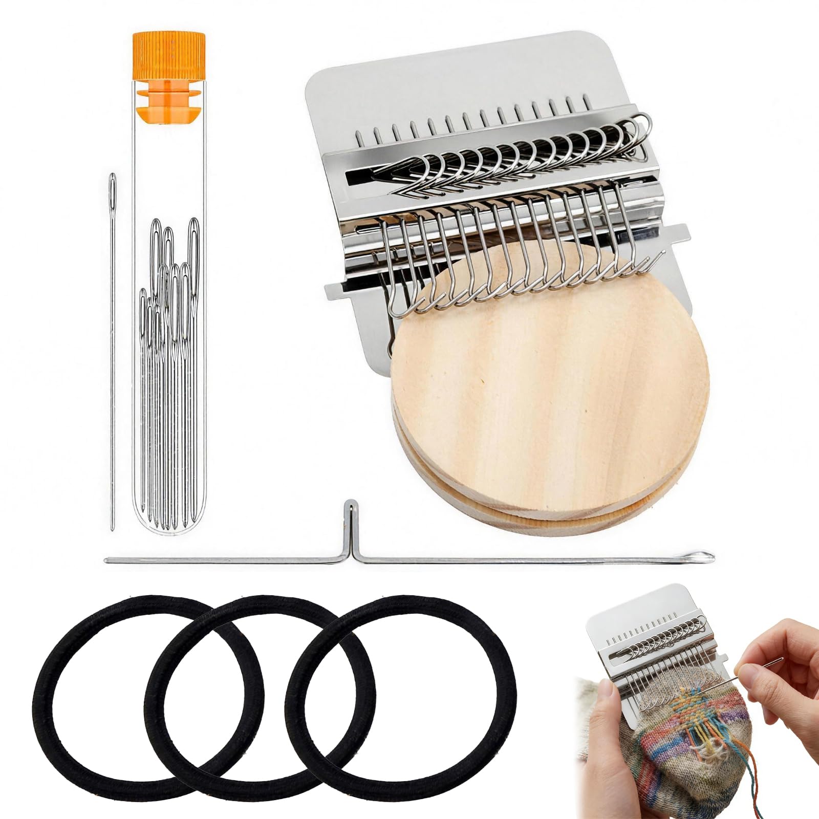 Flhlxzm Wood, Silver Mini Darning Weaving Loom, 14 Hooks Wood Weaving Knitting Machine With Knitting Needles Small Darning Loom Tool For Diy Craft Knit Patch Weave Repair Jeans Socks Quickly Sewing Repair