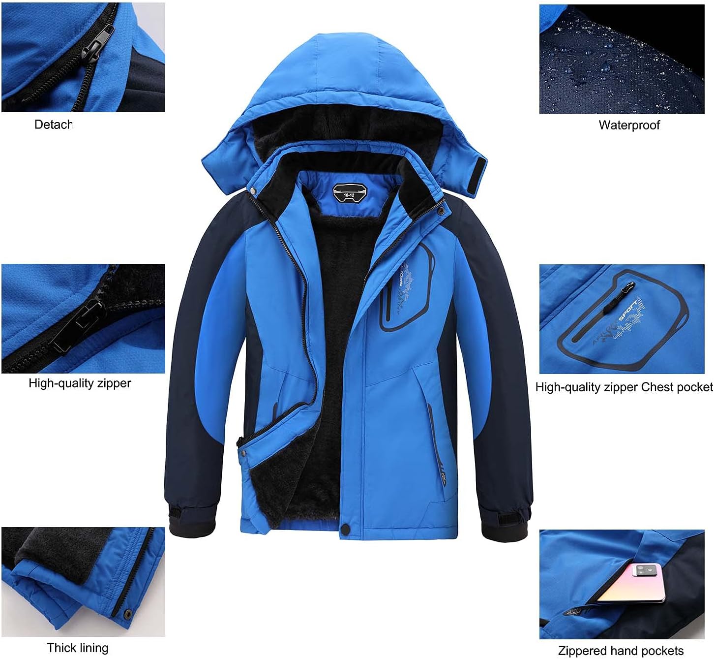 OHSNMAKSL Boy's Waterproof Ski Jacket Warm Winter Snow Coat Kids Fleece Snowboarding Jackets Thick Hooded Windproof Coats - Image 7